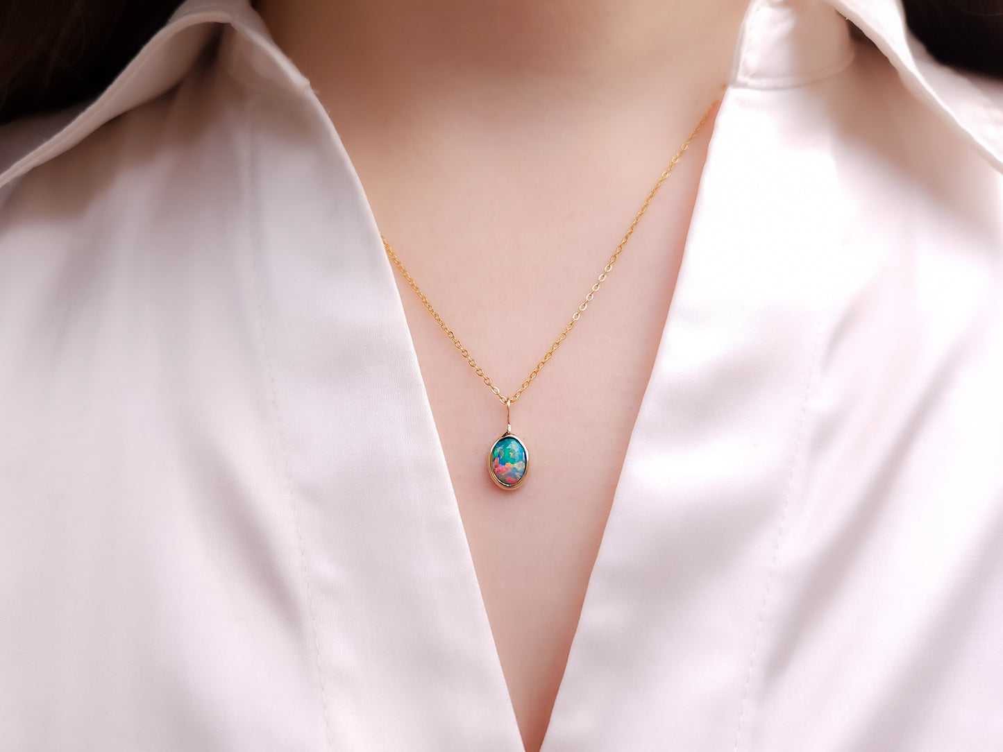 GOLDEN | 14K Gold Coober Pedy opal doublet necklace/ crystal opal/ minimalist jewelry/ pink rainbow opal