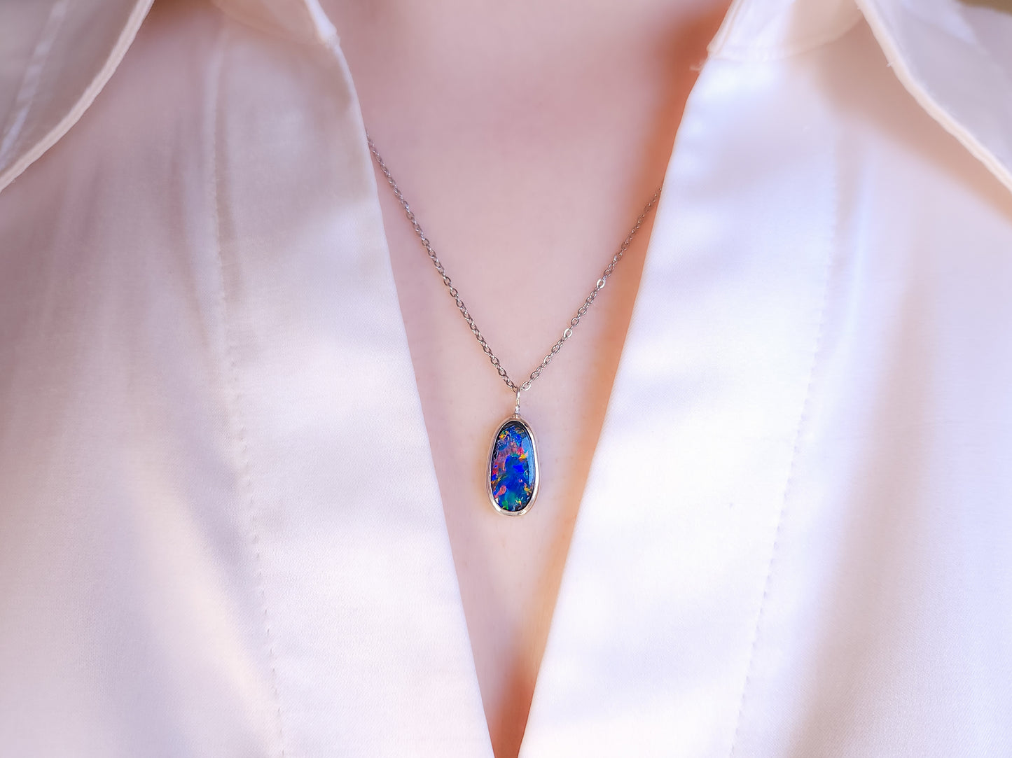 SOLAR | Australian opal doublet necklace/ Coober Pedy opal/ Silver opal pendant/ minimalist jewelry