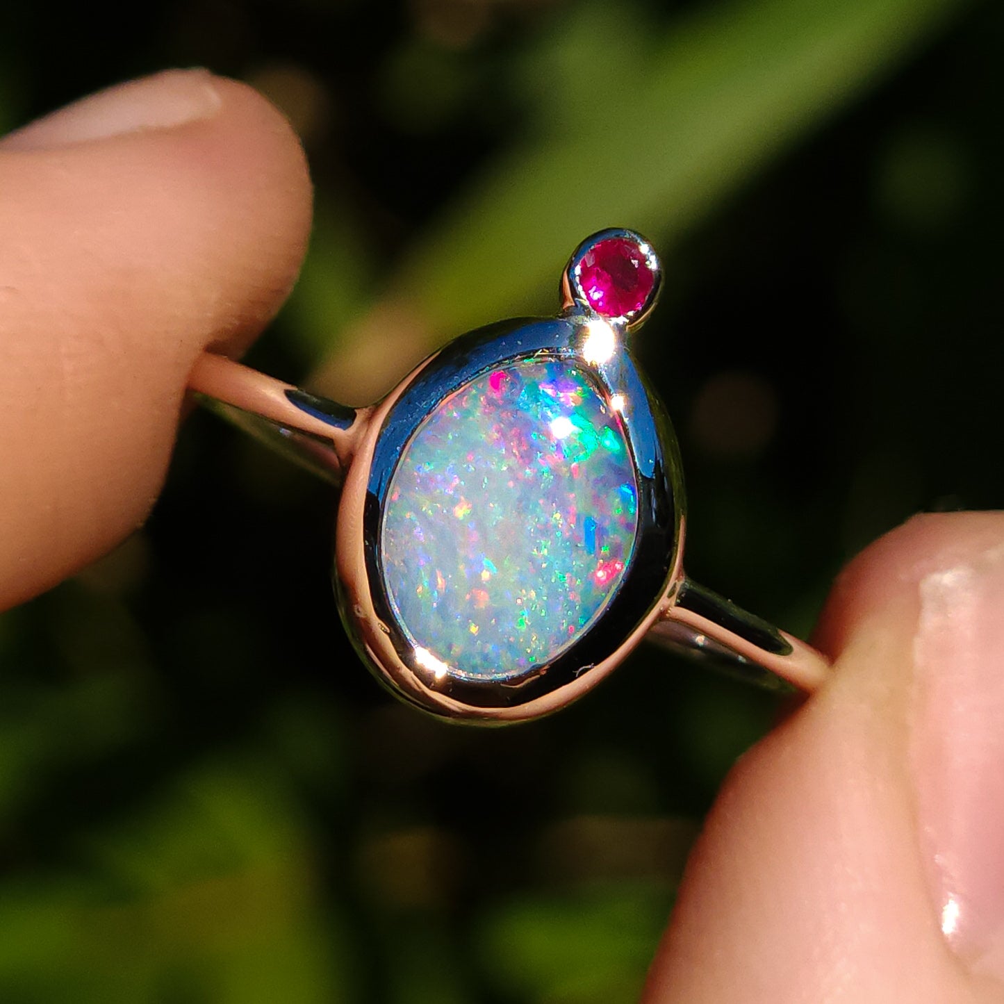 Australian Opal and Ruby ring / Size 7 1/4 / Coober Pedy opal doublet / Minimalist ring / dainty jewelry
