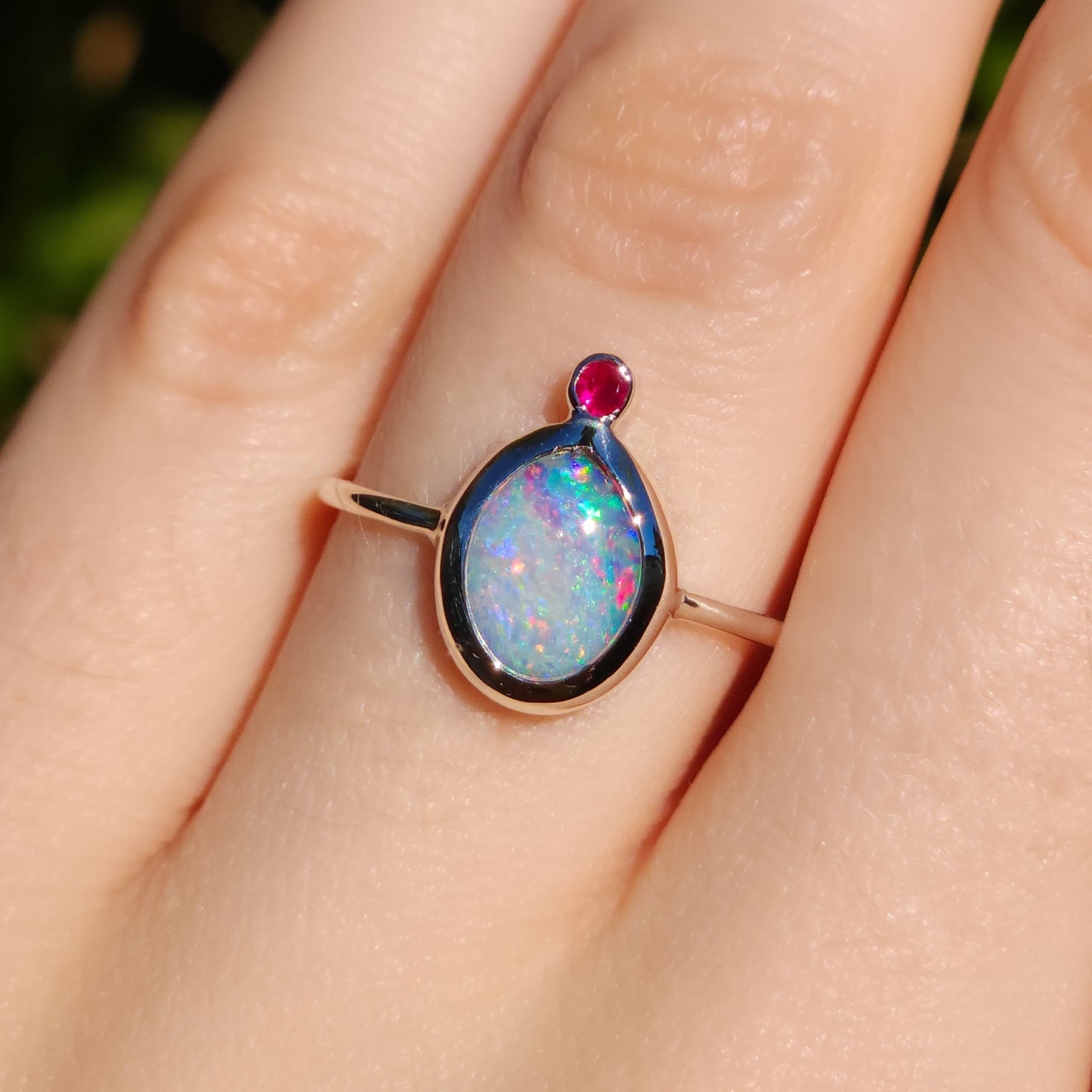 Australian Opal and Ruby ring / Size 7 1/4 / Coober Pedy opal doublet / Minimalist ring / dainty jewelry