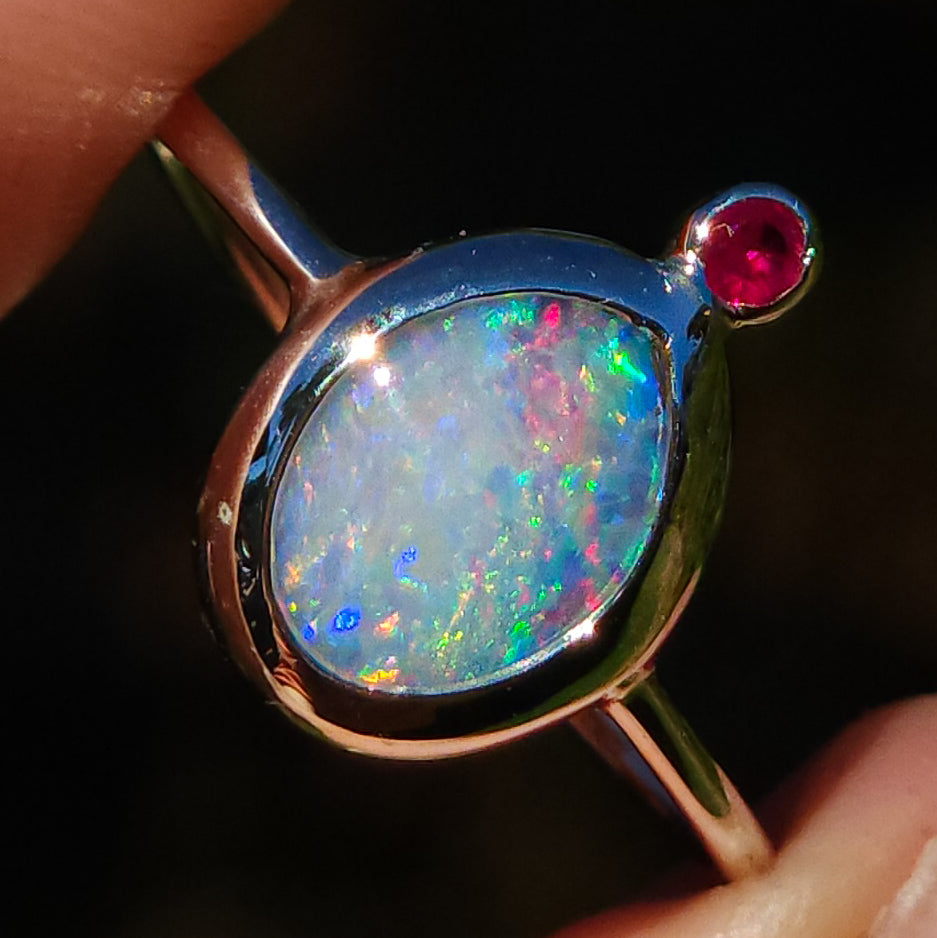 Australian Opal and Ruby ring / Size 7 1/4 / Coober Pedy opal doublet / Minimalist ring / dainty jewelry
