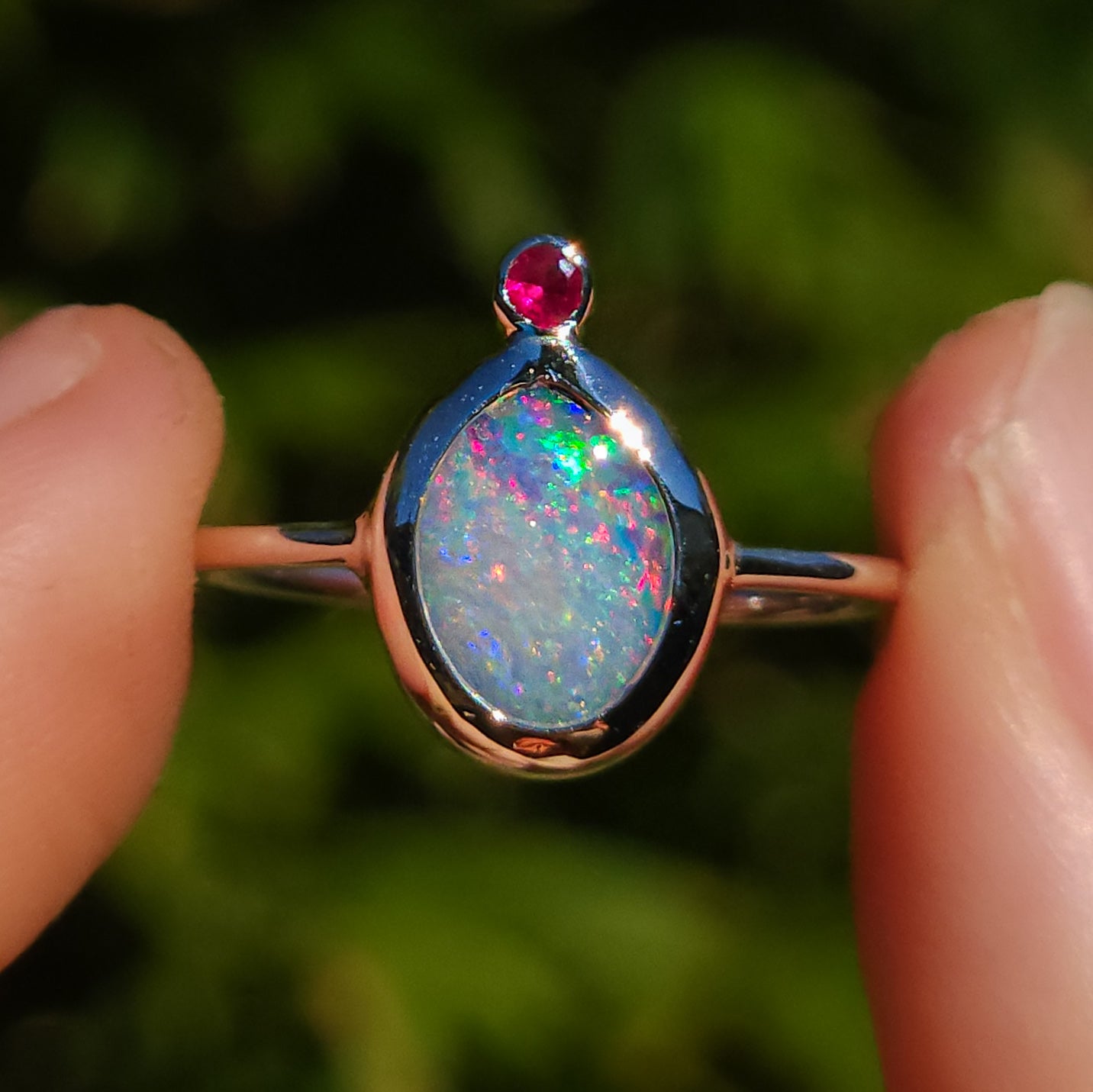 Australian Opal and Ruby ring / Size 7 1/4 / Coober Pedy opal doublet / Minimalist ring / dainty jewelry