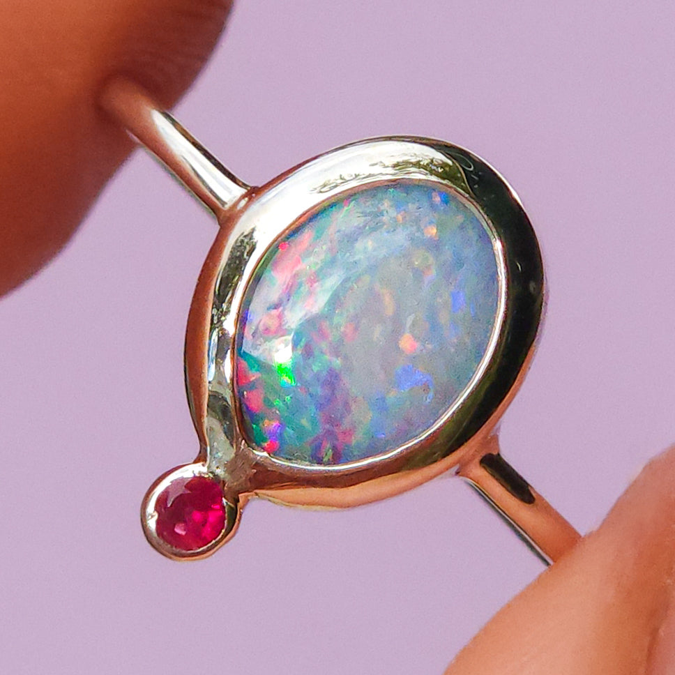 Australian Opal and Ruby ring / Size 7 1/4 / Coober Pedy opal doublet / Minimalist ring / dainty jewelry