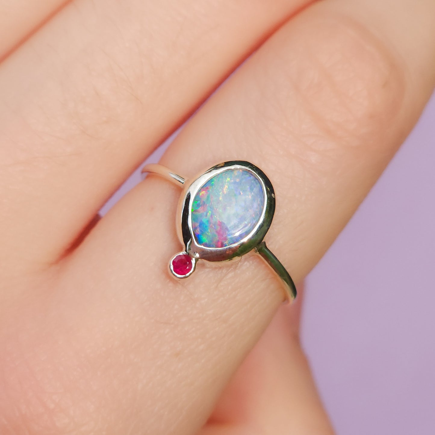 Australian Opal and Ruby ring / Size 7 1/4 / Coober Pedy opal doublet / Minimalist ring / dainty jewelry