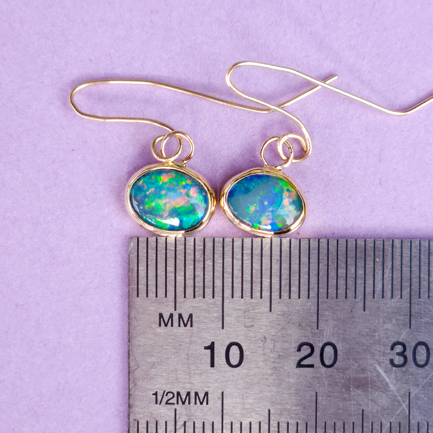 14K Gold Australian Opal Hook Earrings / Rare Australian Opal doublet / Rainbow opals / Gold earrings / dainty charm earrings