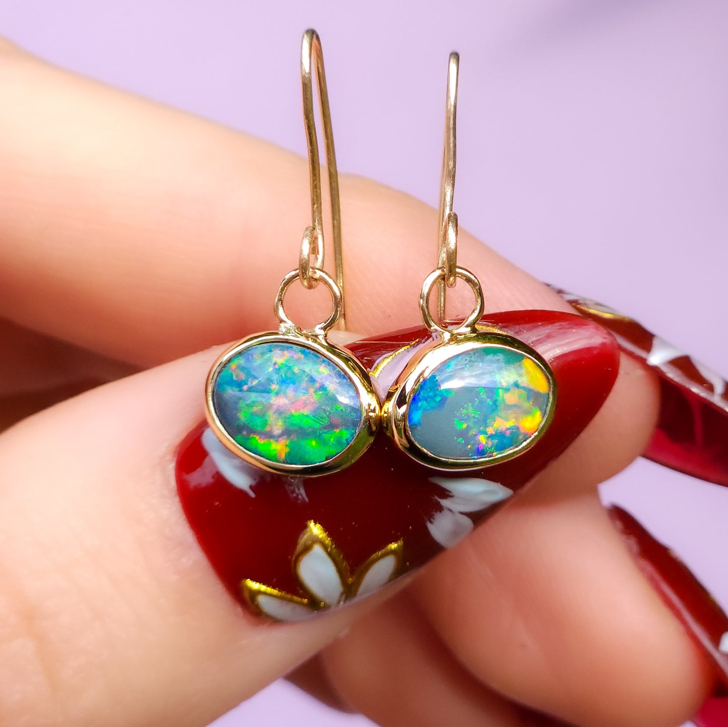 14K Gold Australian Opal Hook Earrings / Rare Australian Opal doublet / Rainbow opals / Gold earrings / dainty charm earrings