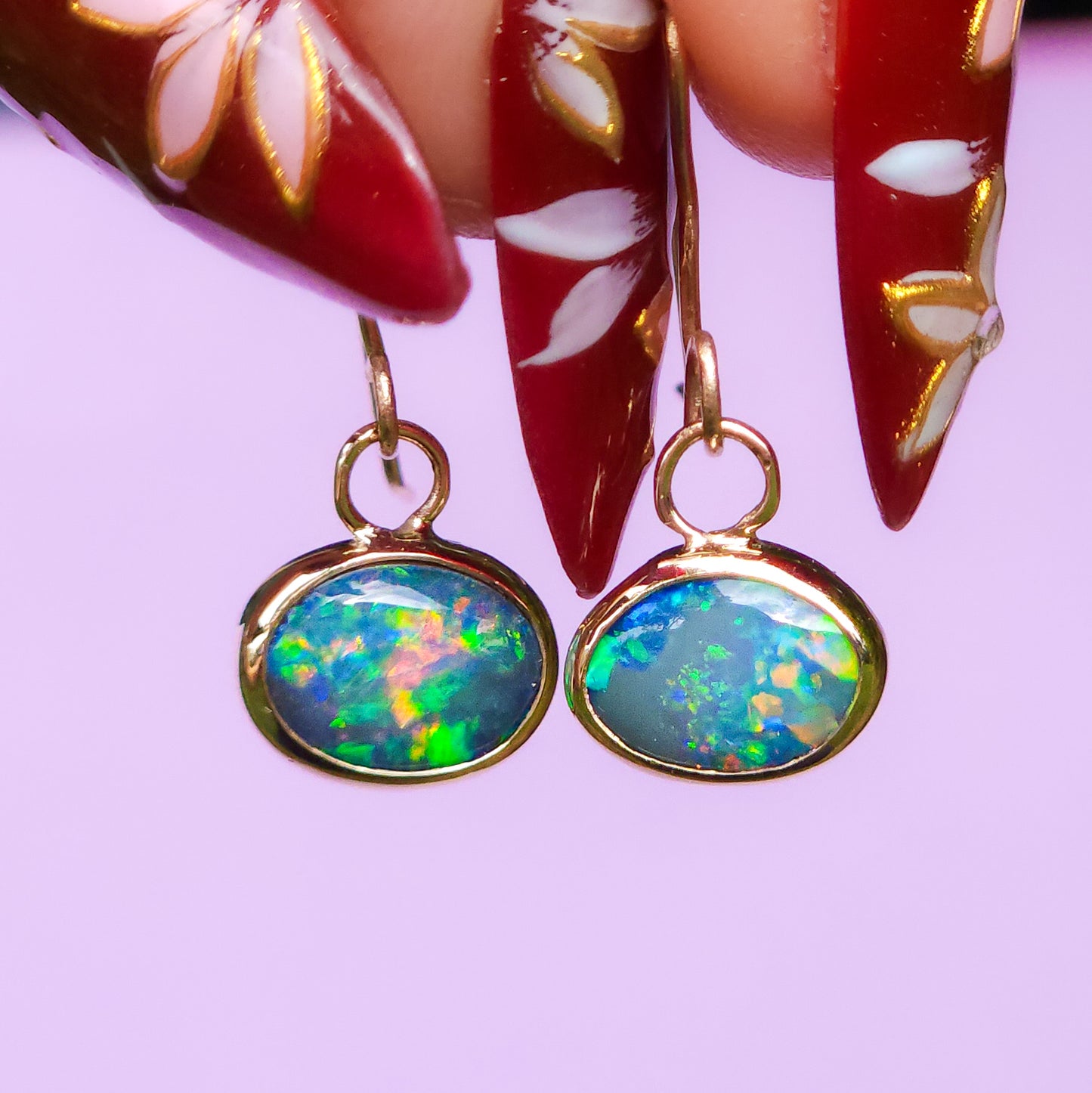 14K Gold Australian Opal Hook Earrings / Rare Australian Opal doublet / Rainbow opals / Gold earrings / dainty charm earrings