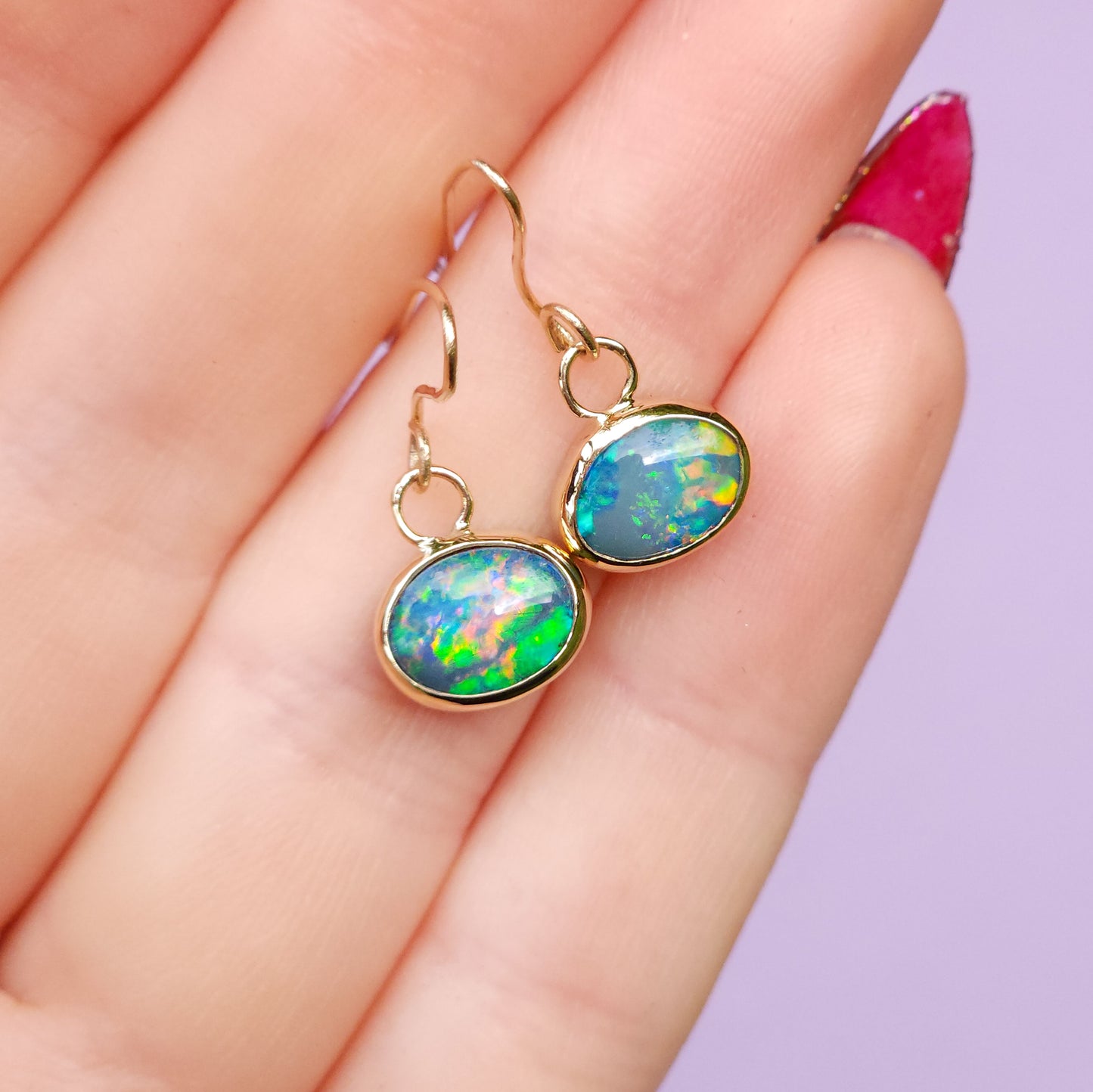 14K Gold Australian Opal Hook Earrings / Rare Australian Opal doublet / Rainbow opals / Gold earrings / dainty charm earrings