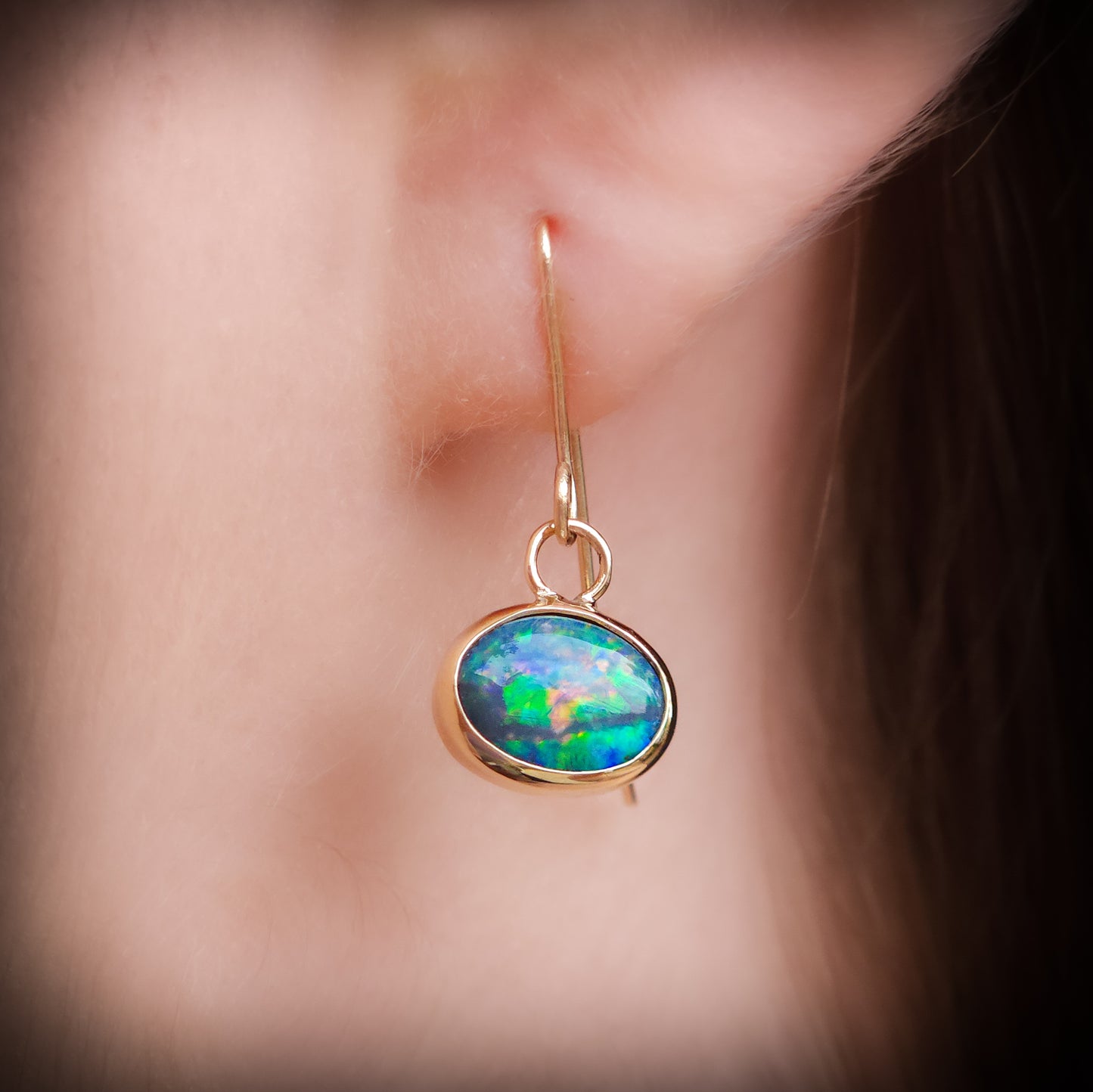 14K Gold Australian Opal Hook Earrings / Rare Australian Opal doublet / Rainbow opals / Gold earrings / dainty charm earrings