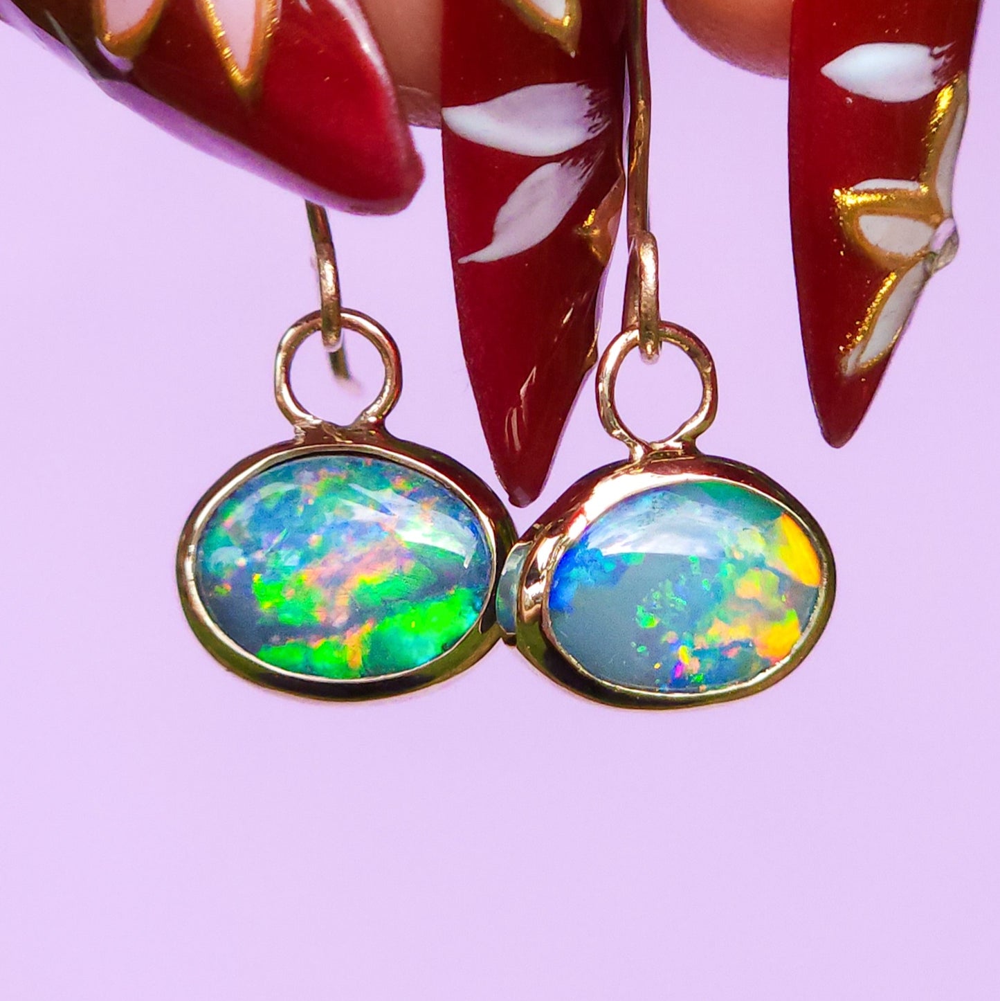 14K Gold Australian Opal Hook Earrings / Rare Australian Opal doublet / Rainbow opals / Gold earrings / dainty charm earrings