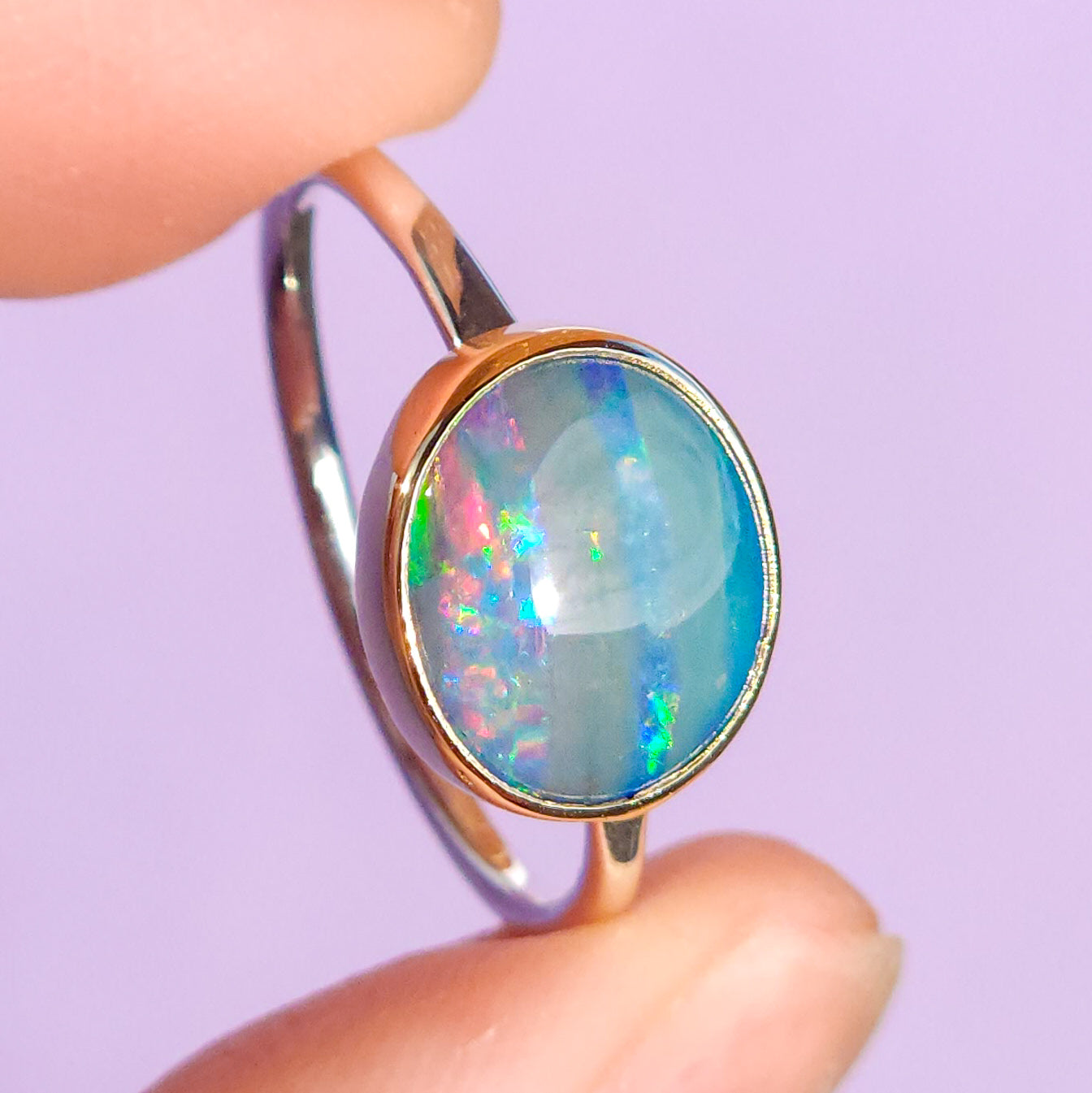 14K Gold and Silver Two-tone Australian opal ring / Size 8 / 925 Silver Band/ 14K Gold bezel / Opalised seashell / Shell fossil opal