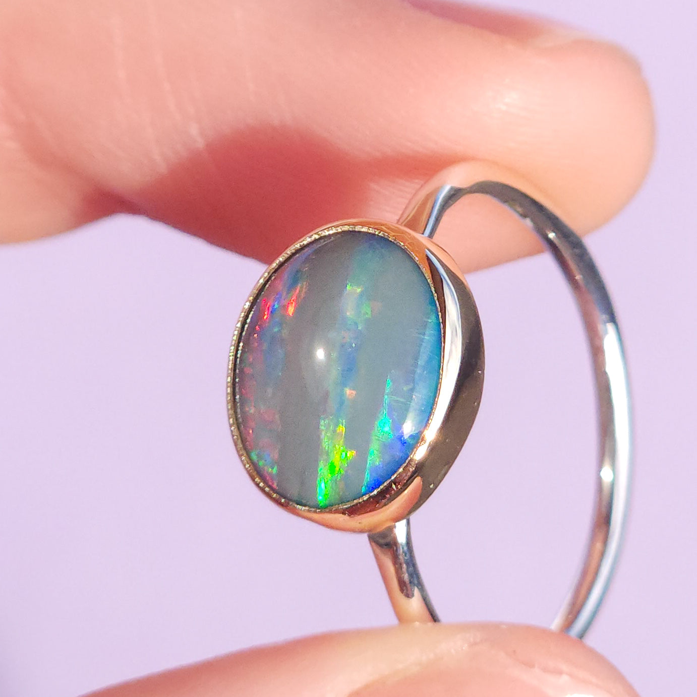 14K Gold and Silver Two-tone Australian opal ring / Size 8 / 925 Silver Band/ 14K Gold bezel / Opalised seashell / Shell fossil opal