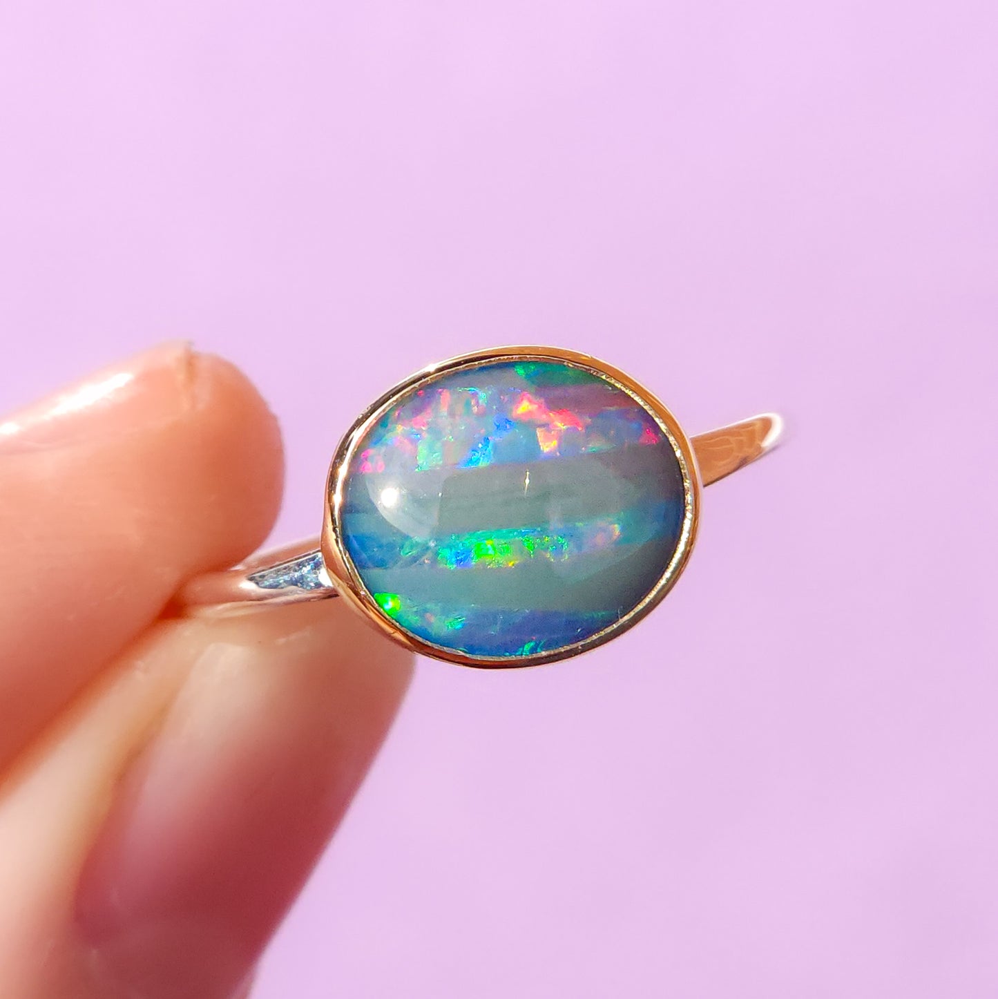 14K Gold and Silver Two-tone Australian opal ring / Size 8 / 925 Silver Band/ 14K Gold bezel / Opalised seashell / Shell fossil opal