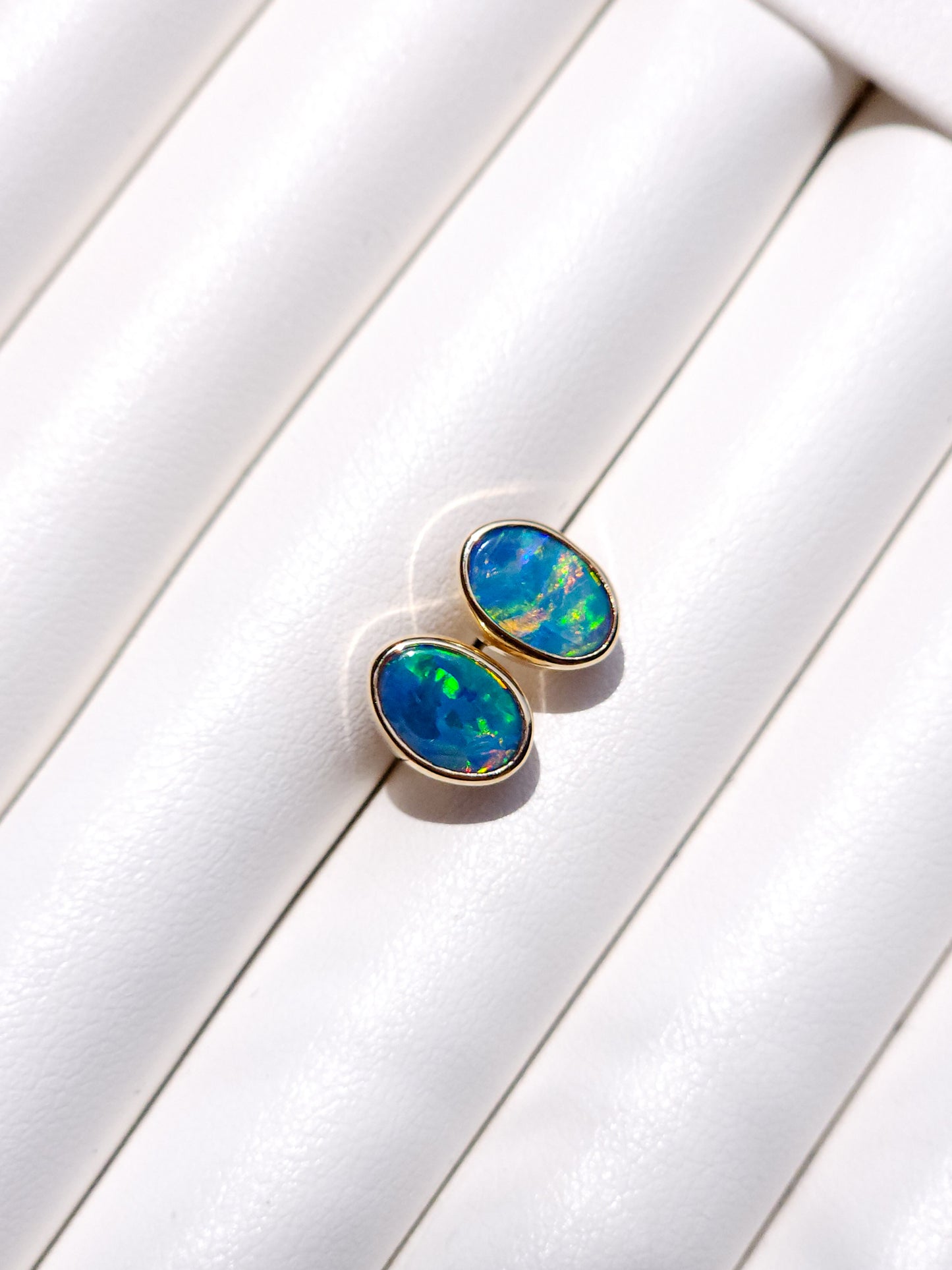 14K Gold Wrapped Australian Opal Stud Earrings, Rare Australian Opal Doublet, Coober Pedy opal / rainbow opal / Dainty earrings / gold studs