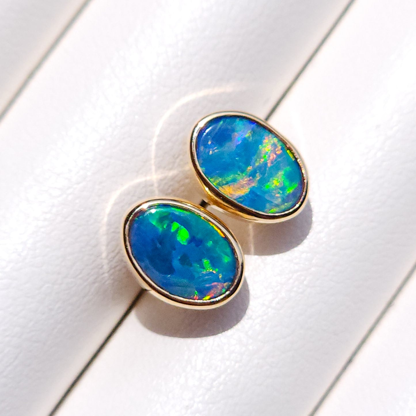 14K Gold Wrapped Australian Opal Stud Earrings, Rare Australian Opal Doublet, Coober Pedy opal / rainbow opal / Dainty earrings / gold studs
