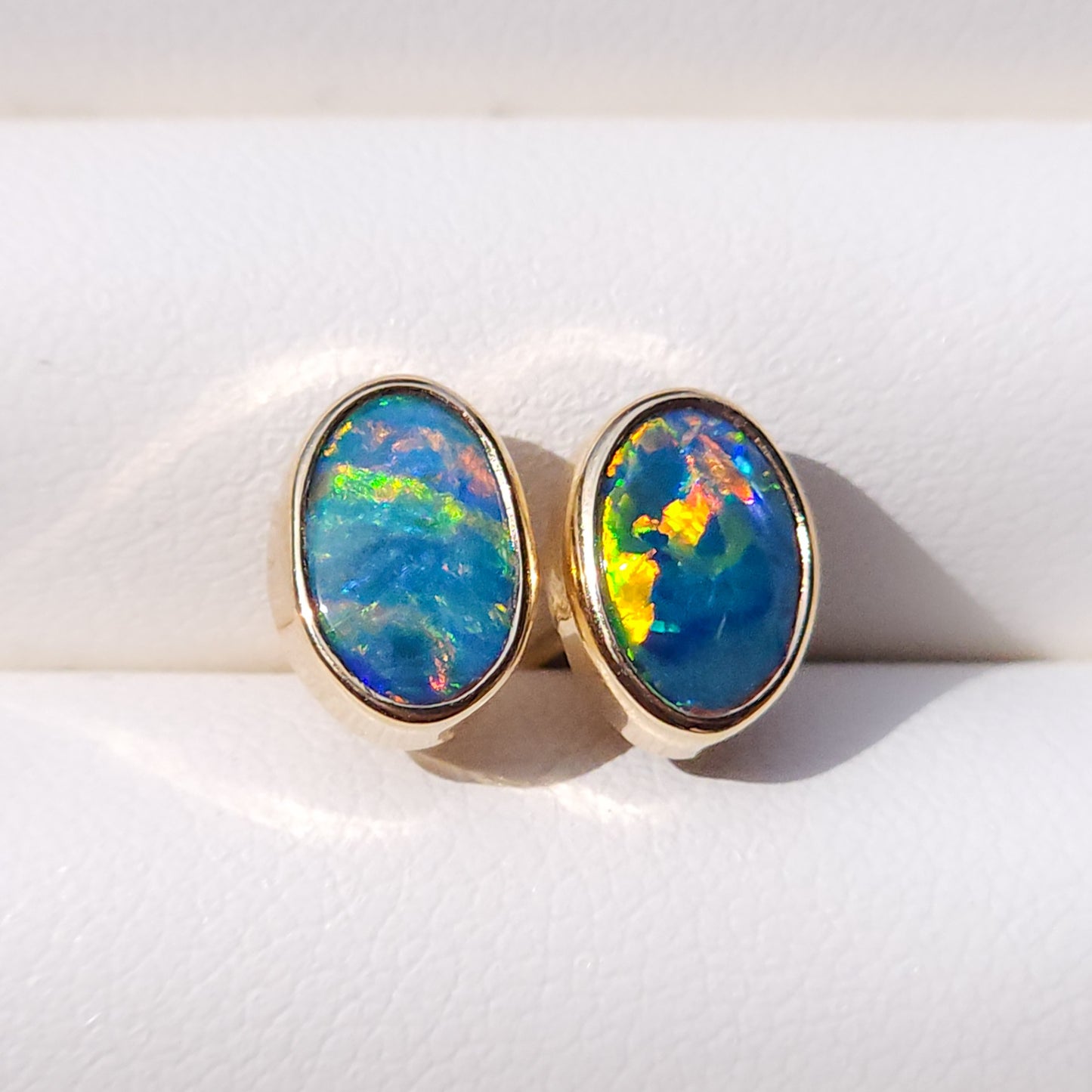 14K Gold Wrapped Australian Opal Stud Earrings, Rare Australian Opal Doublet, Coober Pedy opal / rainbow opal / Dainty earrings / gold studs