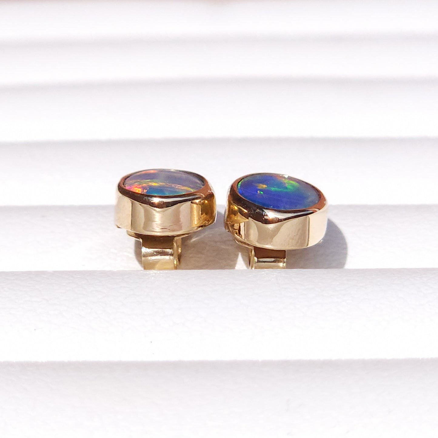 14K Gold Wrapped Australian Opal Stud Earrings, Rare Australian Opal Doublet, Coober Pedy opal / rainbow opal / Dainty earrings / gold studs