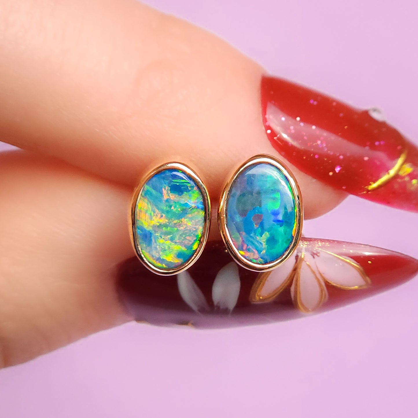 14K Gold Wrapped Australian Opal Stud Earrings, Rare Australian Opal Doublet, Coober Pedy opal / rainbow opal / Dainty earrings / gold studs