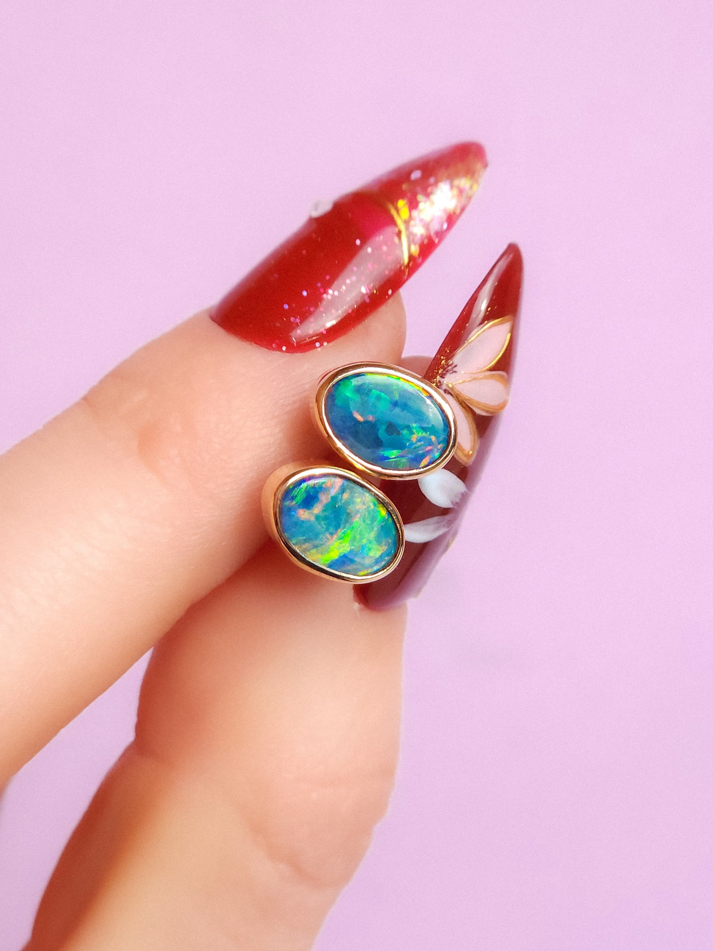 14K Gold Wrapped Australian Opal Stud Earrings, Rare Australian Opal Doublet, Coober Pedy opal / rainbow opal / Dainty earrings / gold studs