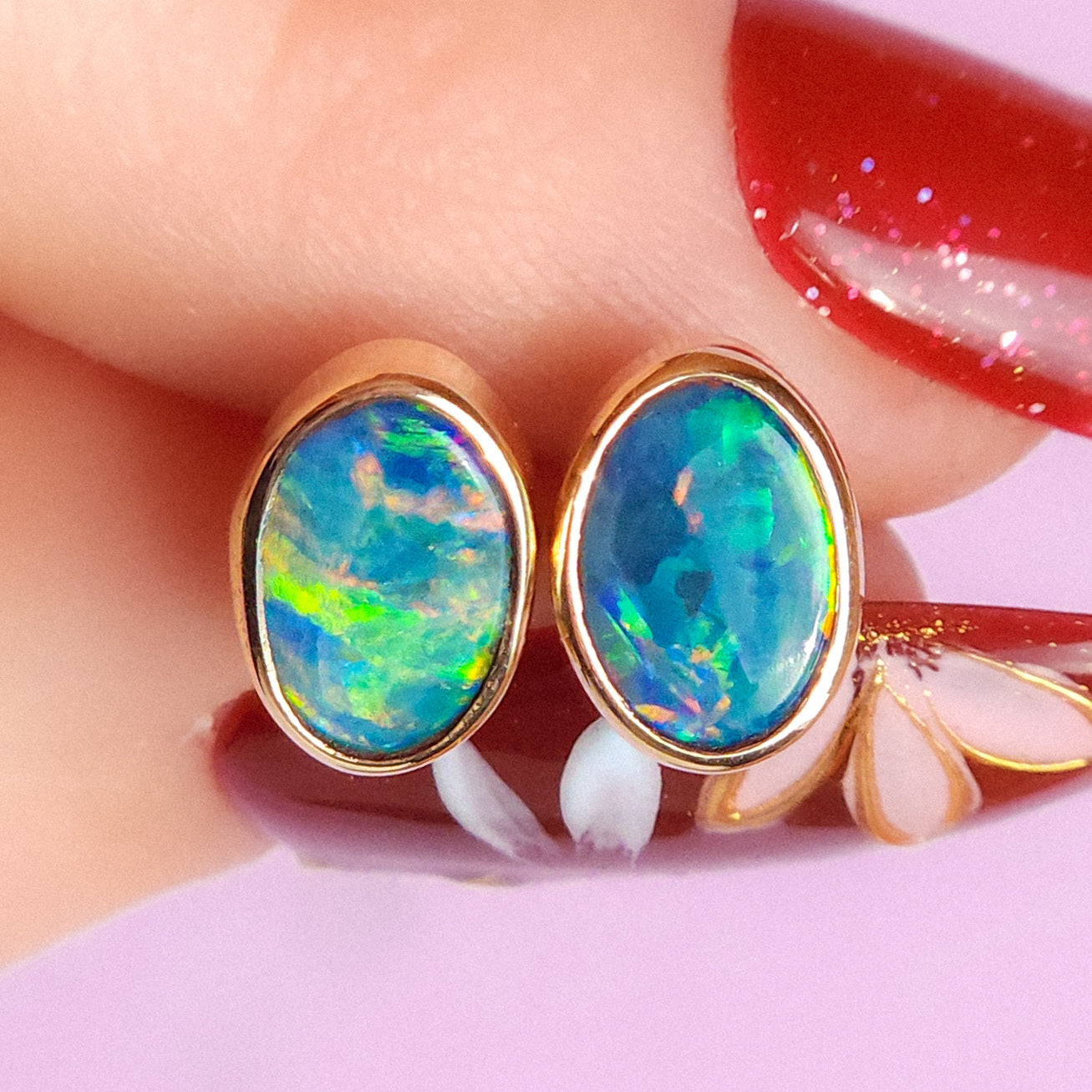 14K Gold Wrapped Australian Opal Stud Earrings, Rare Australian Opal Doublet, Coober Pedy opal / rainbow opal / Dainty earrings / gold studs
