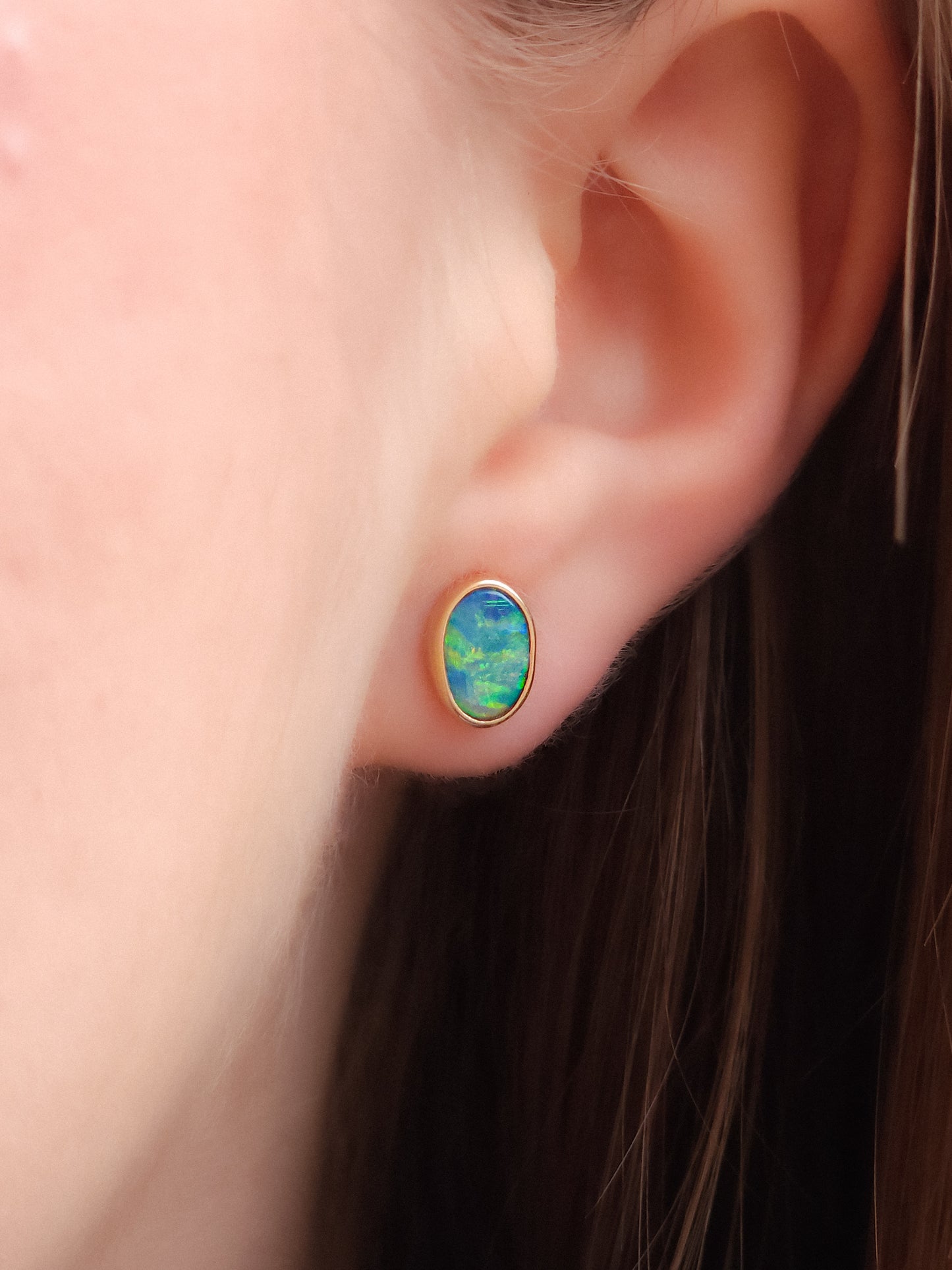 14K Gold Wrapped Australian Opal Stud Earrings, Rare Australian Opal Doublet, Coober Pedy opal / rainbow opal / Dainty earrings / gold studs