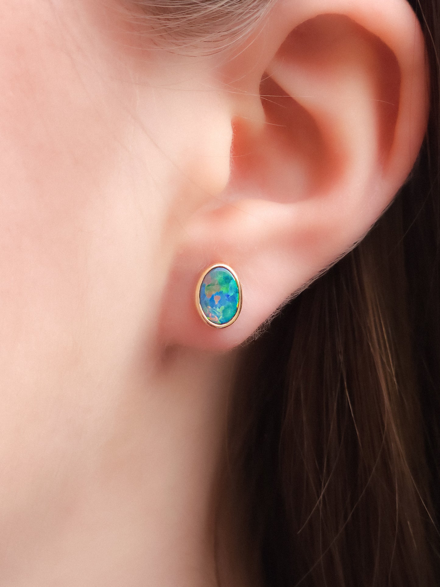 14K Gold Wrapped Australian Opal Stud Earrings, Rare Australian Opal Doublet, Coober Pedy opal / rainbow opal / Dainty earrings / gold studs