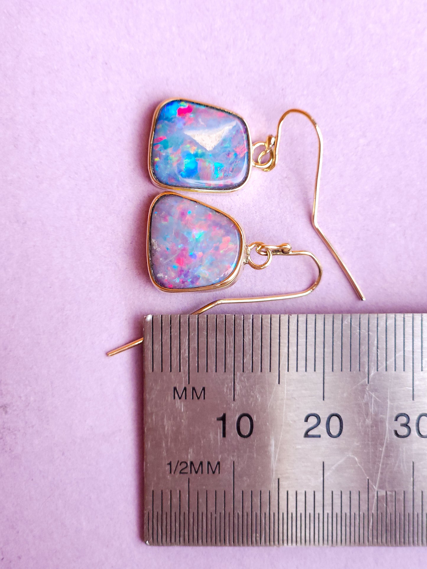 PINK 14K Gold Wrapped Australian Opal Hook Earrings / Rare Australian Opal Doublet / Charm earrings / solid gold