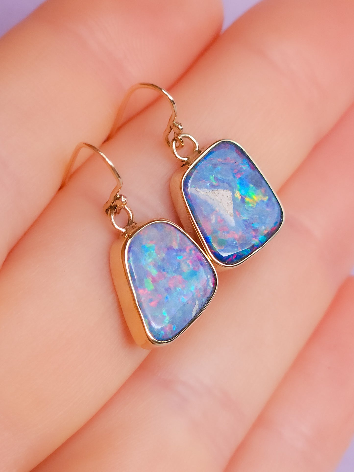 PINK 14K Gold Wrapped Australian Opal Hook Earrings / Rare Australian Opal Doublet / Charm earrings / solid gold