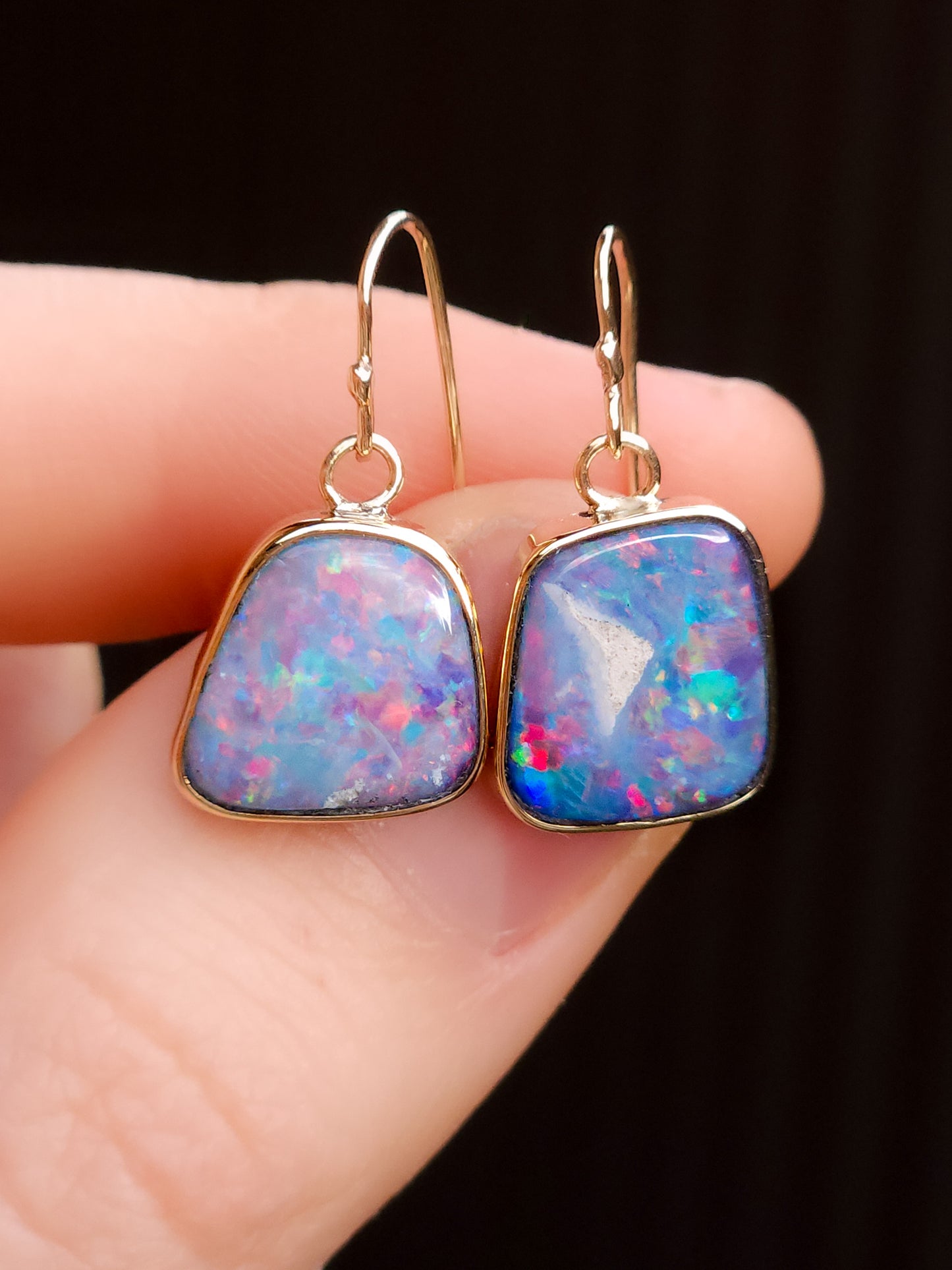 PINK 14K Gold Wrapped Australian Opal Hook Earrings / Rare Australian Opal Doublet / Charm earrings / solid gold