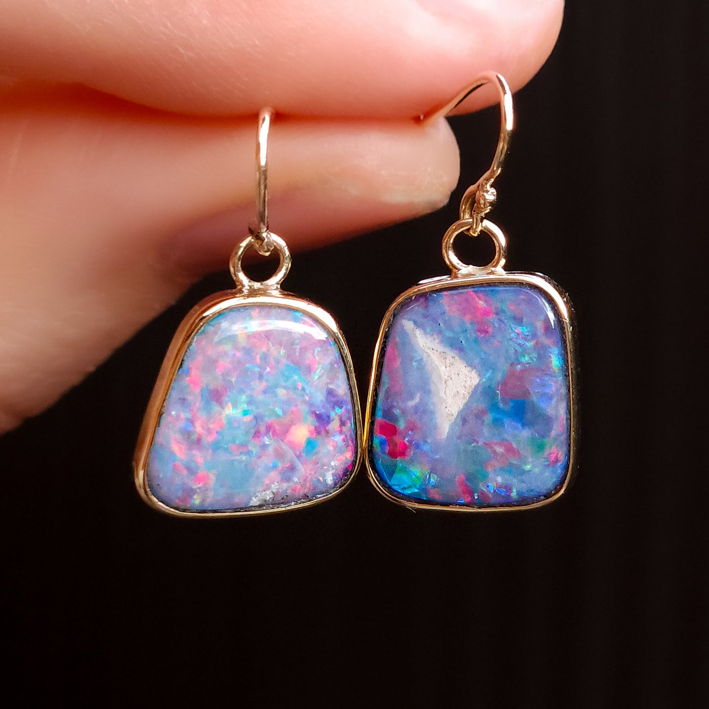 PINK 14K Gold Wrapped Australian Opal Hook Earrings / Rare Australian Opal Doublet / Charm earrings / solid gold