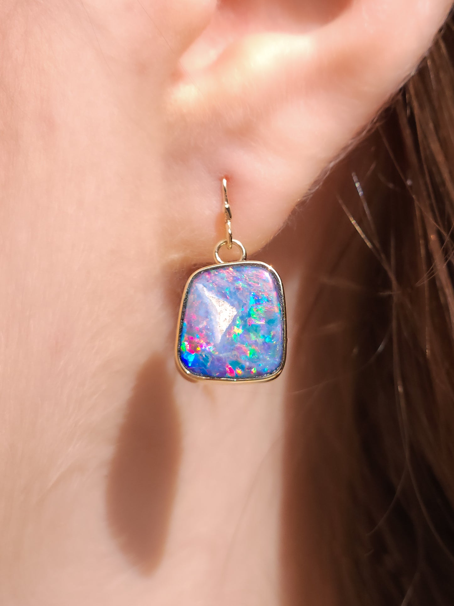 PINK 14K Gold Wrapped Australian Opal Hook Earrings / Rare Australian Opal Doublet / Charm earrings / solid gold