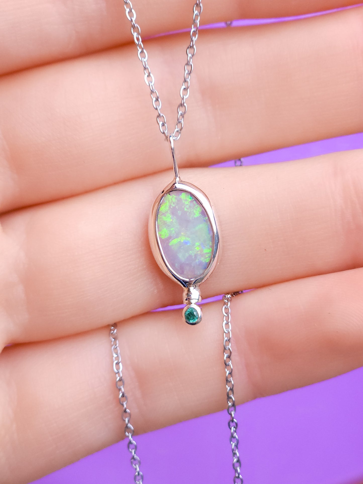 Solid Opal and Emerald Pendant / Australian Coober Pedy Opal/ solid crystal opal / Solid green opal / Emerald necklace