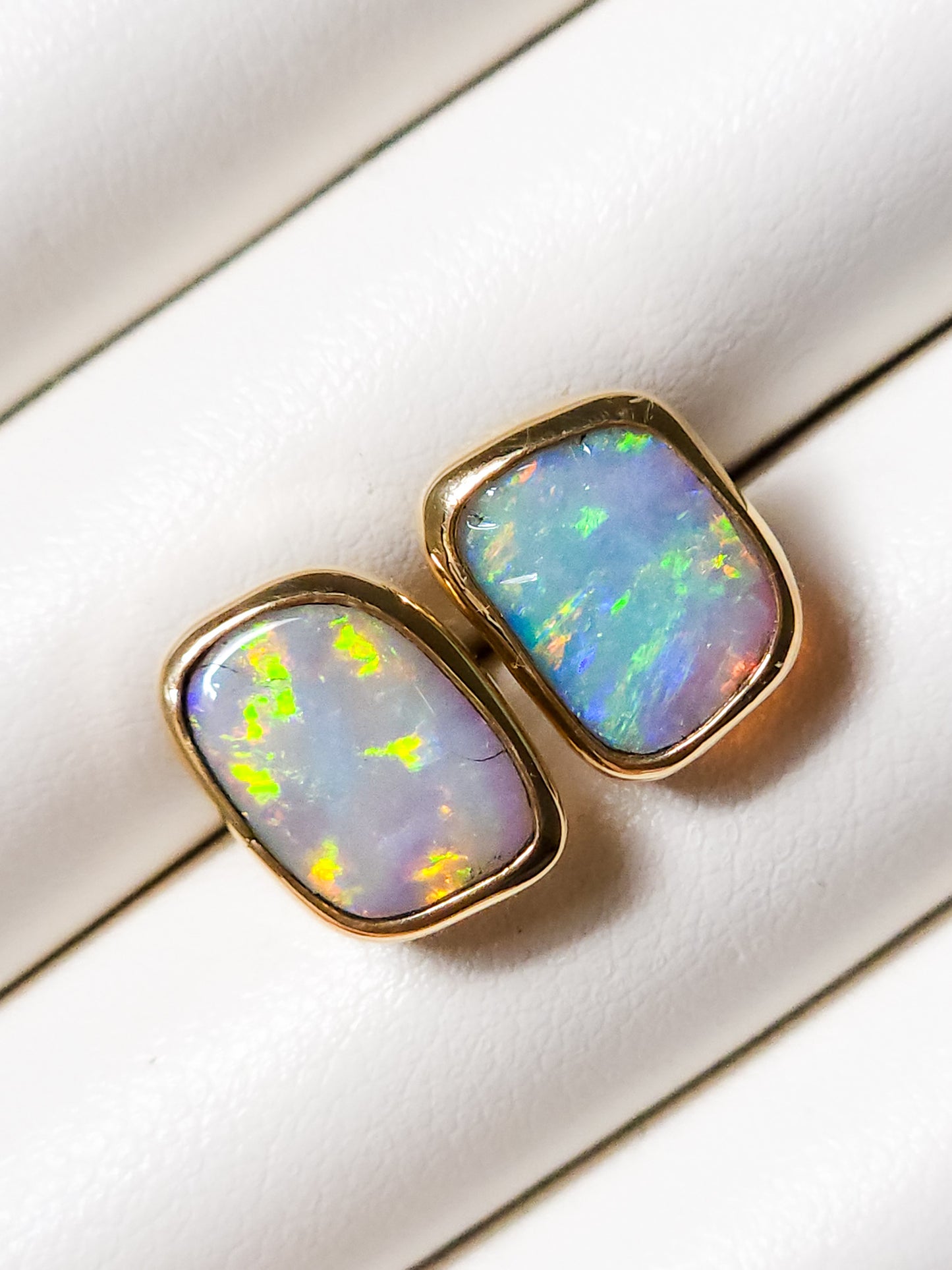SUNDROPS | 14K Gold Solid Opal Stud Earrings 3.2 cts / Australian crystal opal / Coober Pedy opal / rainbow opal / gold studs / screw backs