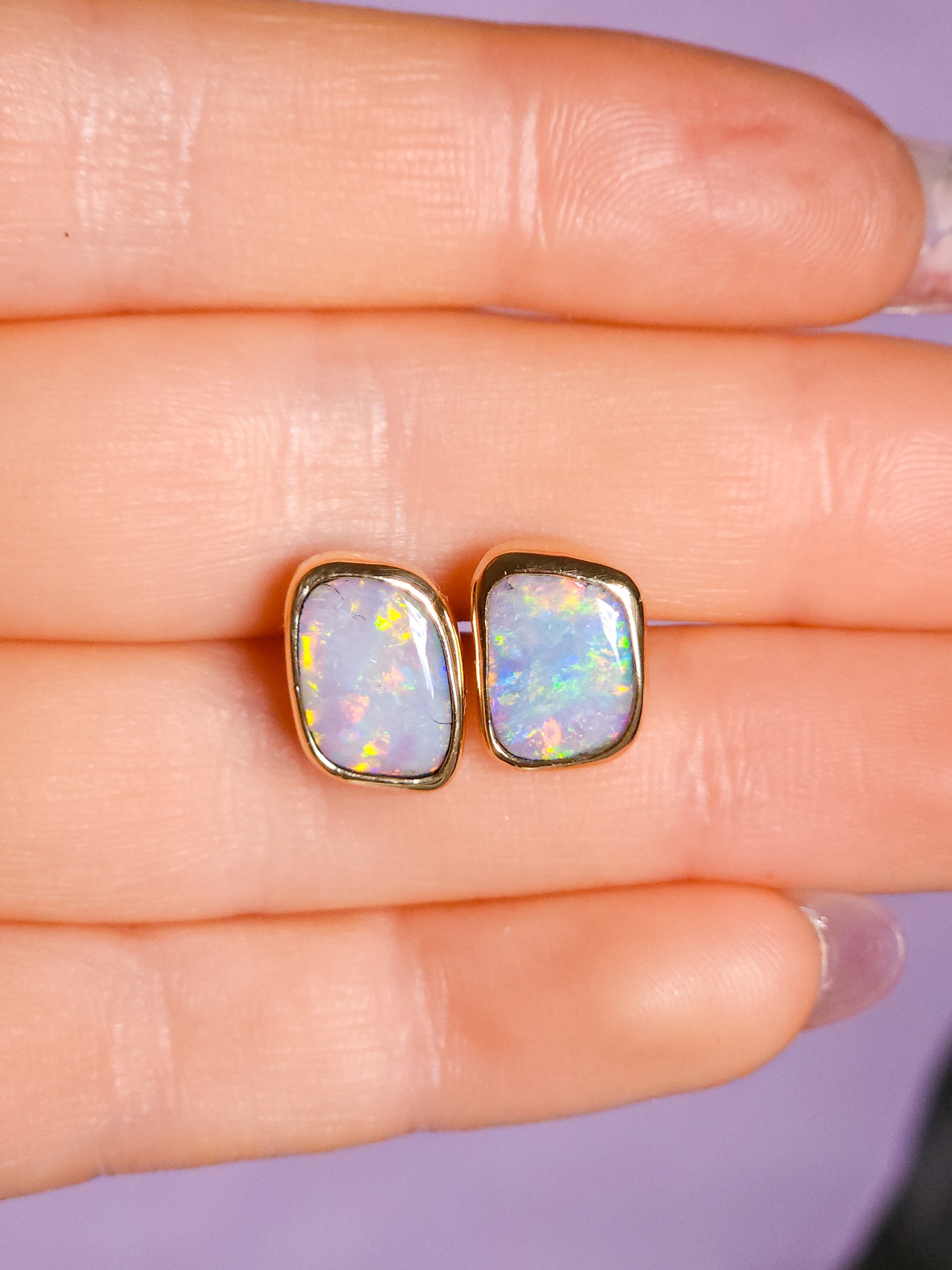 SUNDROPS | 14K Gold Solid Opal Stud Earrings 3.2 cts / Australian crystal opal / Coober Pedy opal / rainbow opal / gold studs / screw backs