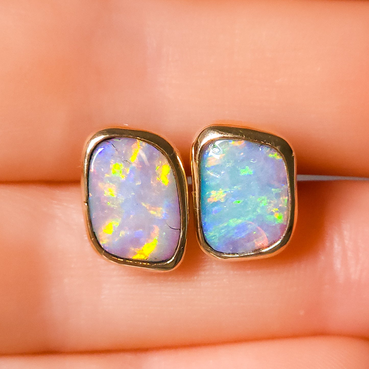 SUNDROPS | 14K Gold Solid Opal Stud Earrings 3.2 cts / Australian crystal opal / Coober Pedy opal / rainbow opal / gold studs / screw backs