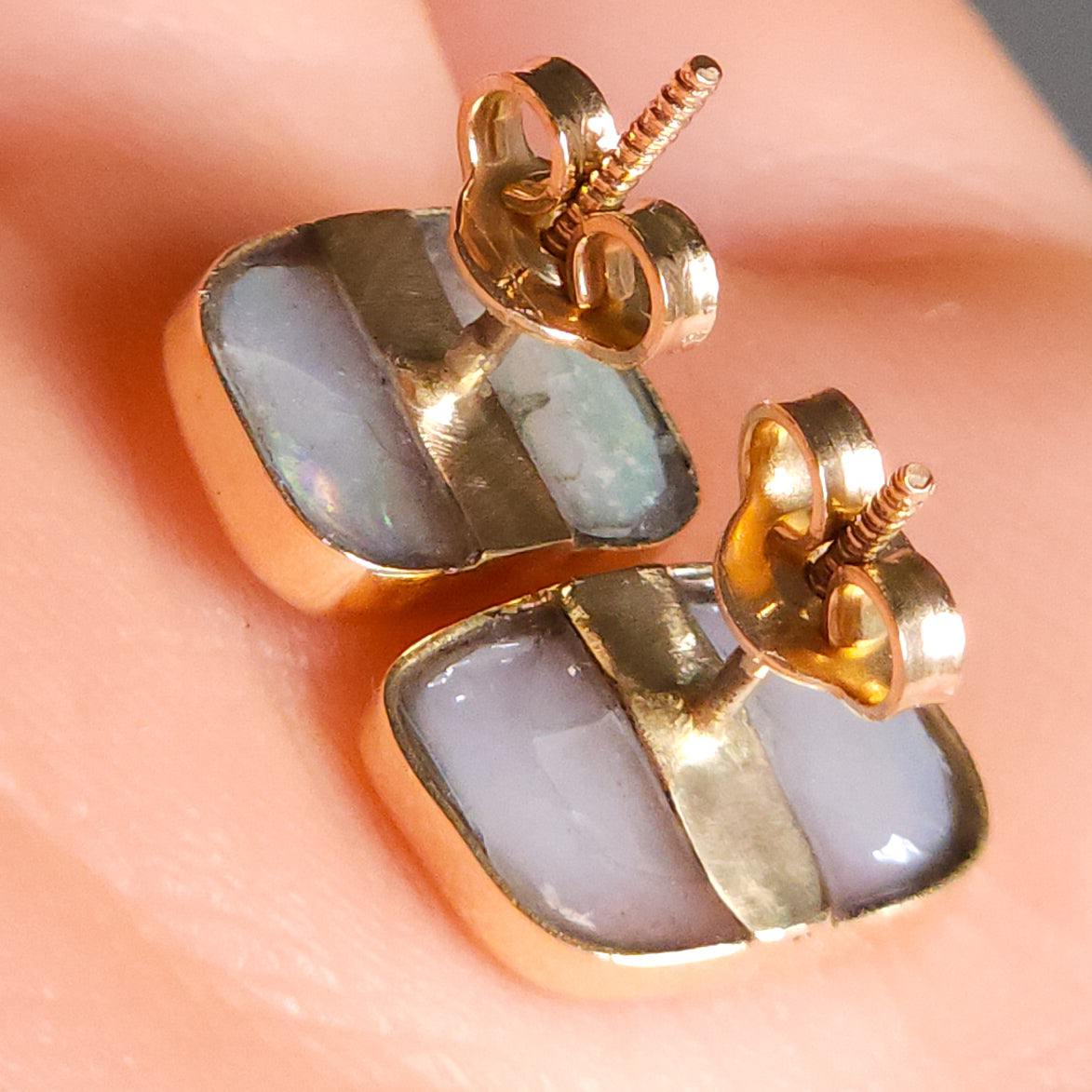 SUNDROPS | 14K Gold Solid Opal Stud Earrings 3.2 cts / Australian crystal opal / Coober Pedy opal / rainbow opal / gold studs / screw backs
