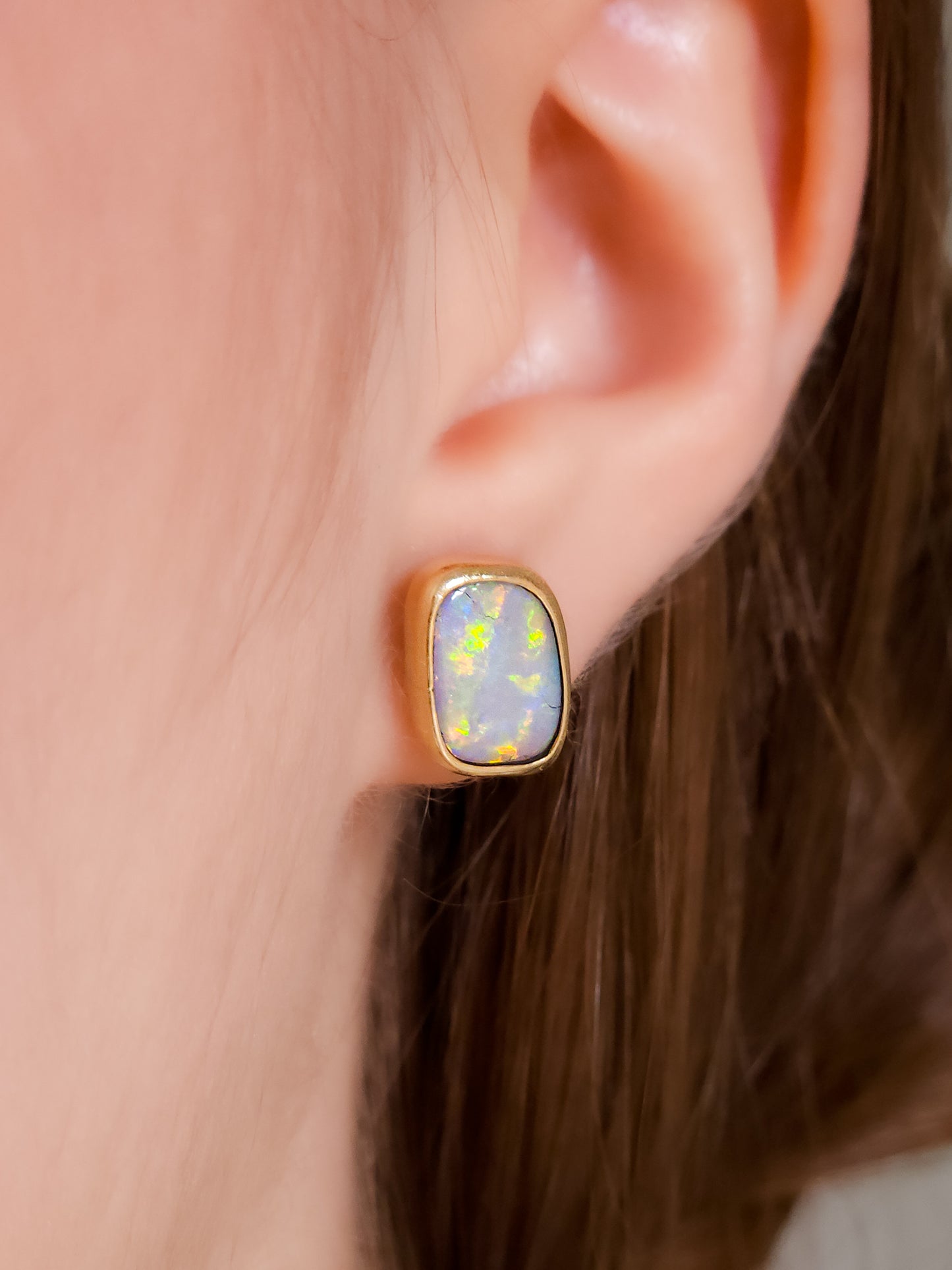 SUNDROPS | 14K Gold Solid Opal Stud Earrings 3.2 cts / Australian crystal opal / Coober Pedy opal / rainbow opal / gold studs / screw backs