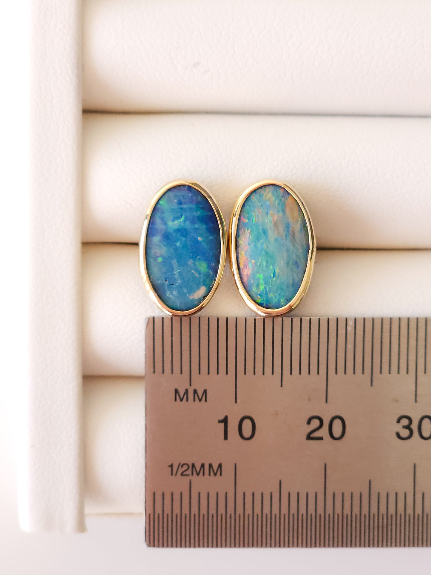 14K Gold Wrapped Australian Opal Stud Earrings, Rare Australian Opal Doublet, Coober Pedy opal / rainbow opal/ gold studs / screw backs