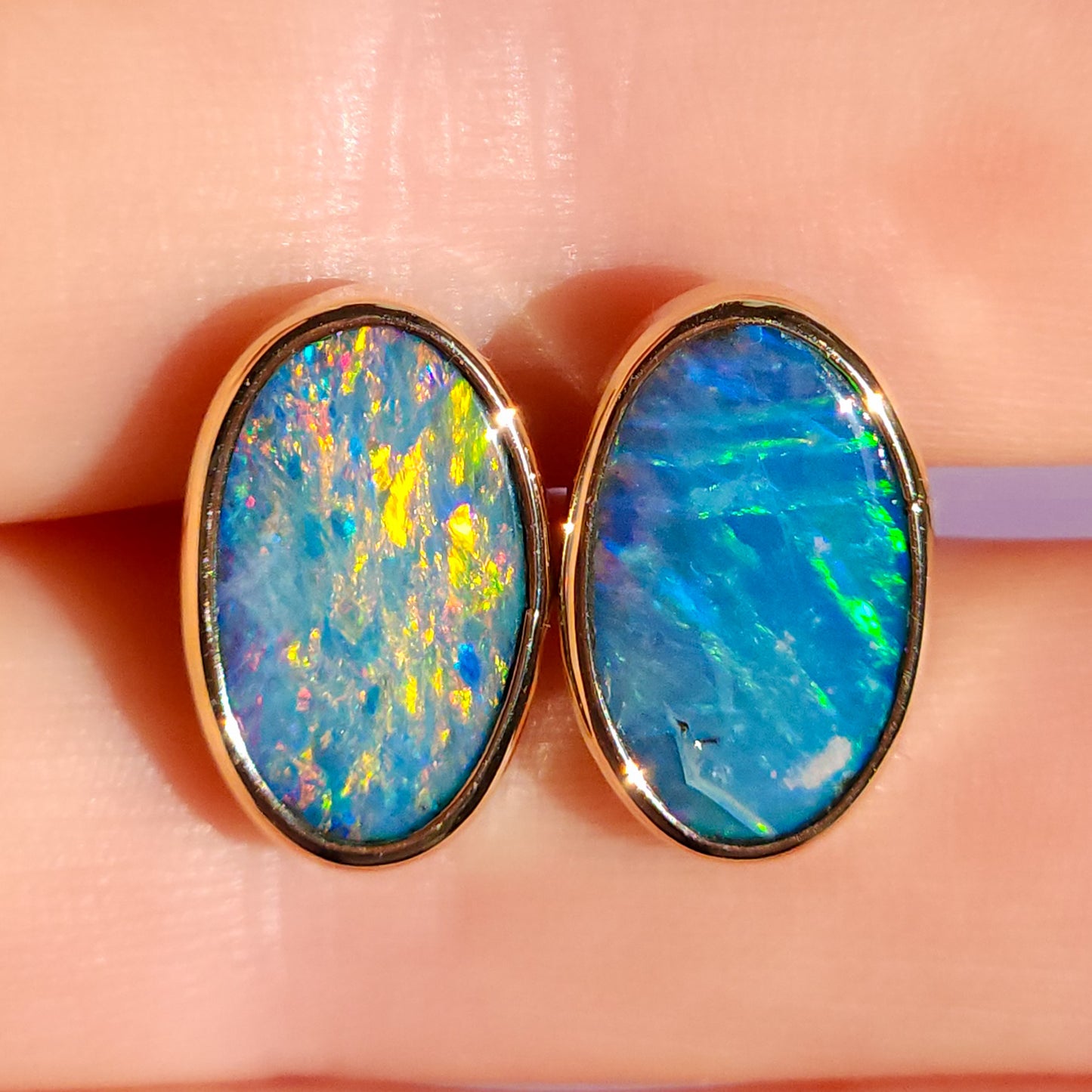 14K Gold Wrapped Australian Opal Stud Earrings, Rare Australian Opal Doublet, Coober Pedy opal / rainbow opal/ gold studs / screw backs