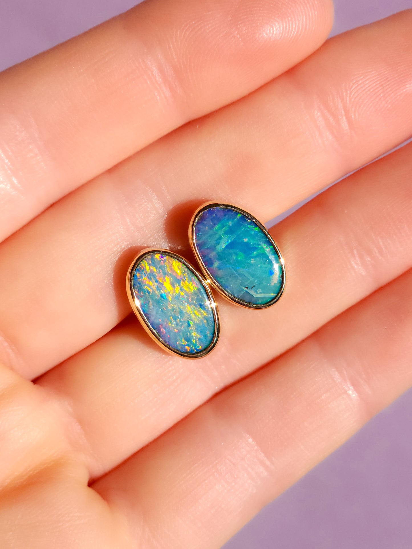 14K Gold Wrapped Australian Opal Stud Earrings, Rare Australian Opal Doublet, Coober Pedy opal / rainbow opal/ gold studs / screw backs