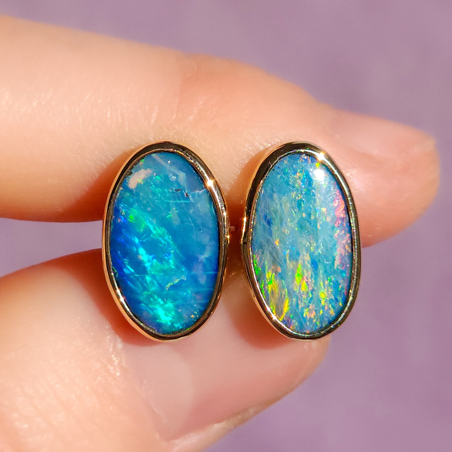 14K Gold Wrapped Australian Opal Stud Earrings, Rare Australian Opal Doublet, Coober Pedy opal / rainbow opal/ gold studs / screw backs
