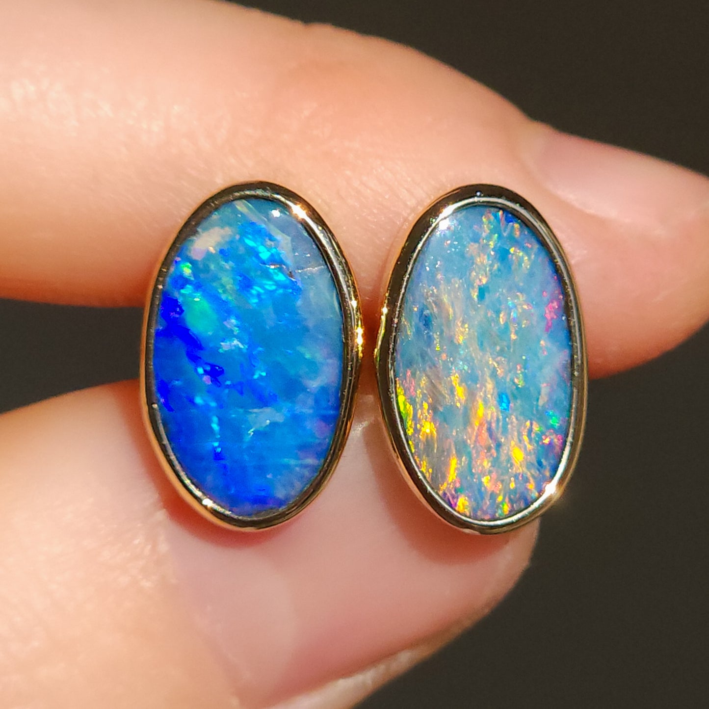 14K Gold Wrapped Australian Opal Stud Earrings, Rare Australian Opal Doublet, Coober Pedy opal / rainbow opal/ gold studs / screw backs