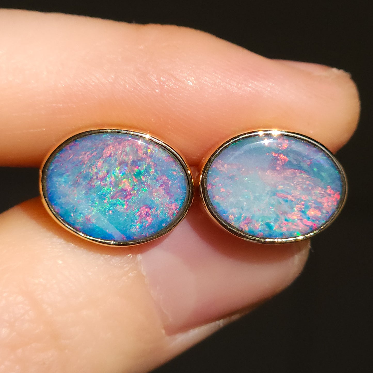 Pink 14K Gold Australian Opal Stud Earrings / Coober Pedy doublet / rainbow opal/ gold studs / screw backs