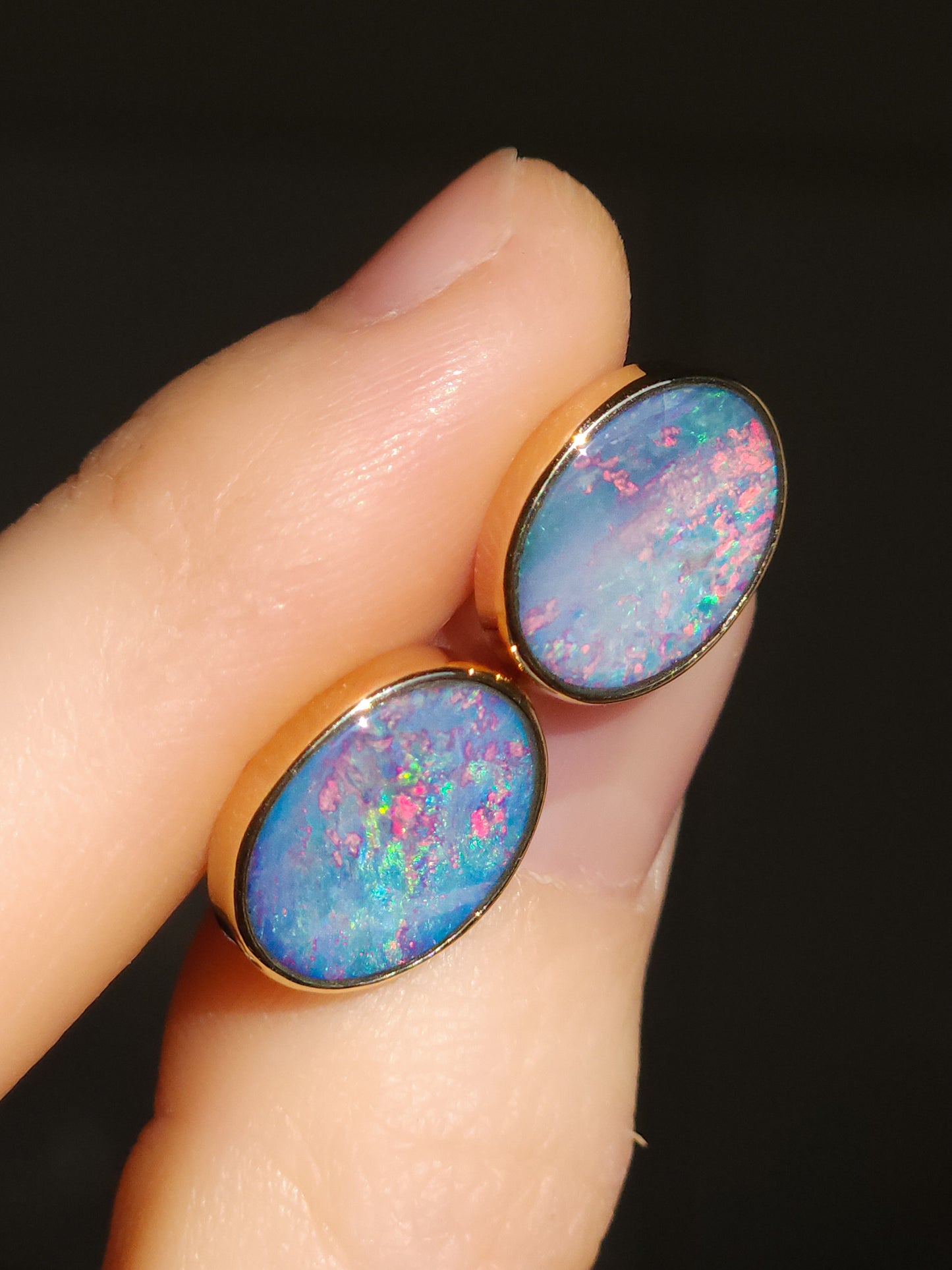 Pink 14K Gold Australian Opal Stud Earrings / Coober Pedy doublet / rainbow opal/ gold studs / screw backs