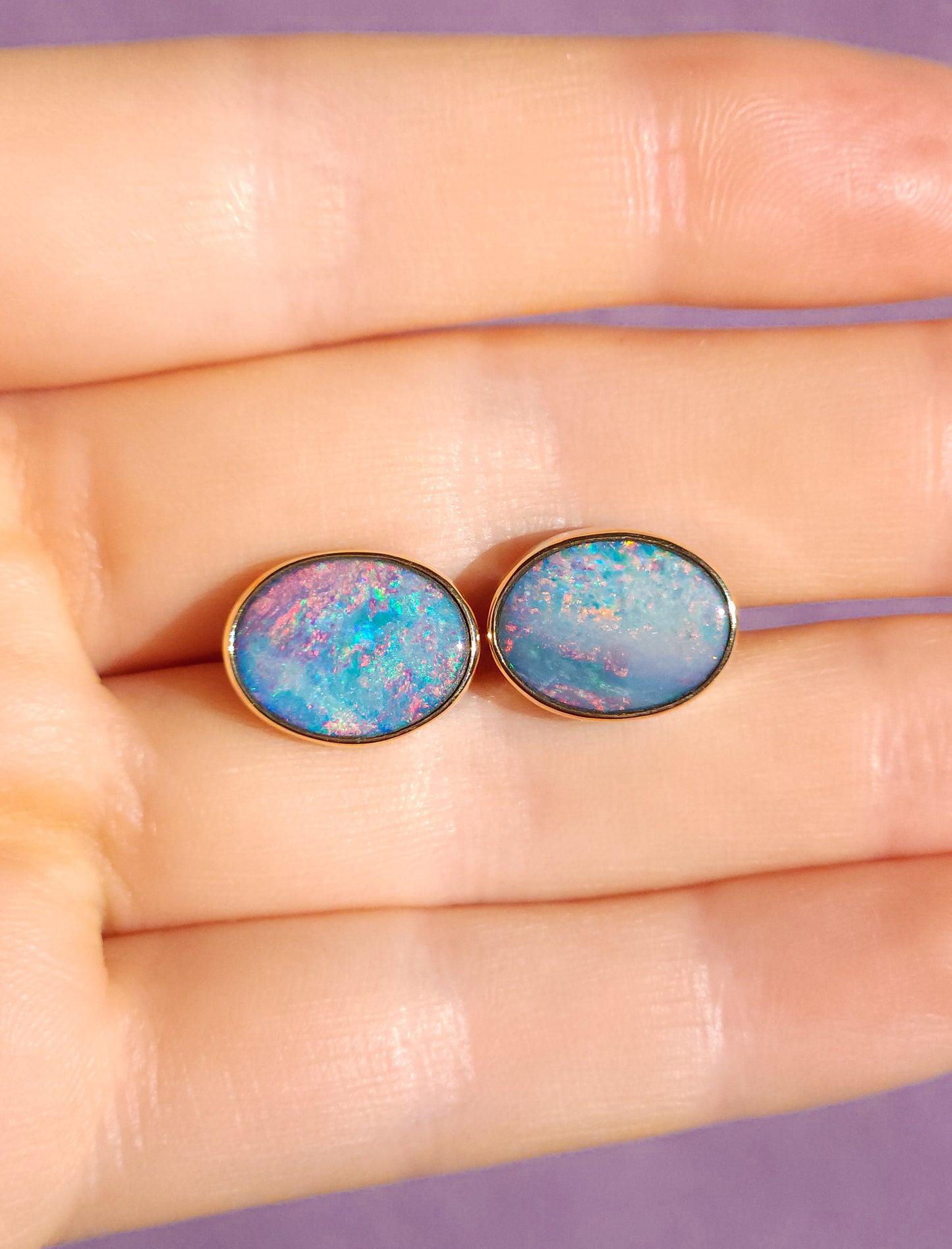 Pink 14K Gold Australian Opal Stud Earrings / Coober Pedy doublet / rainbow opal/ gold studs / screw backs