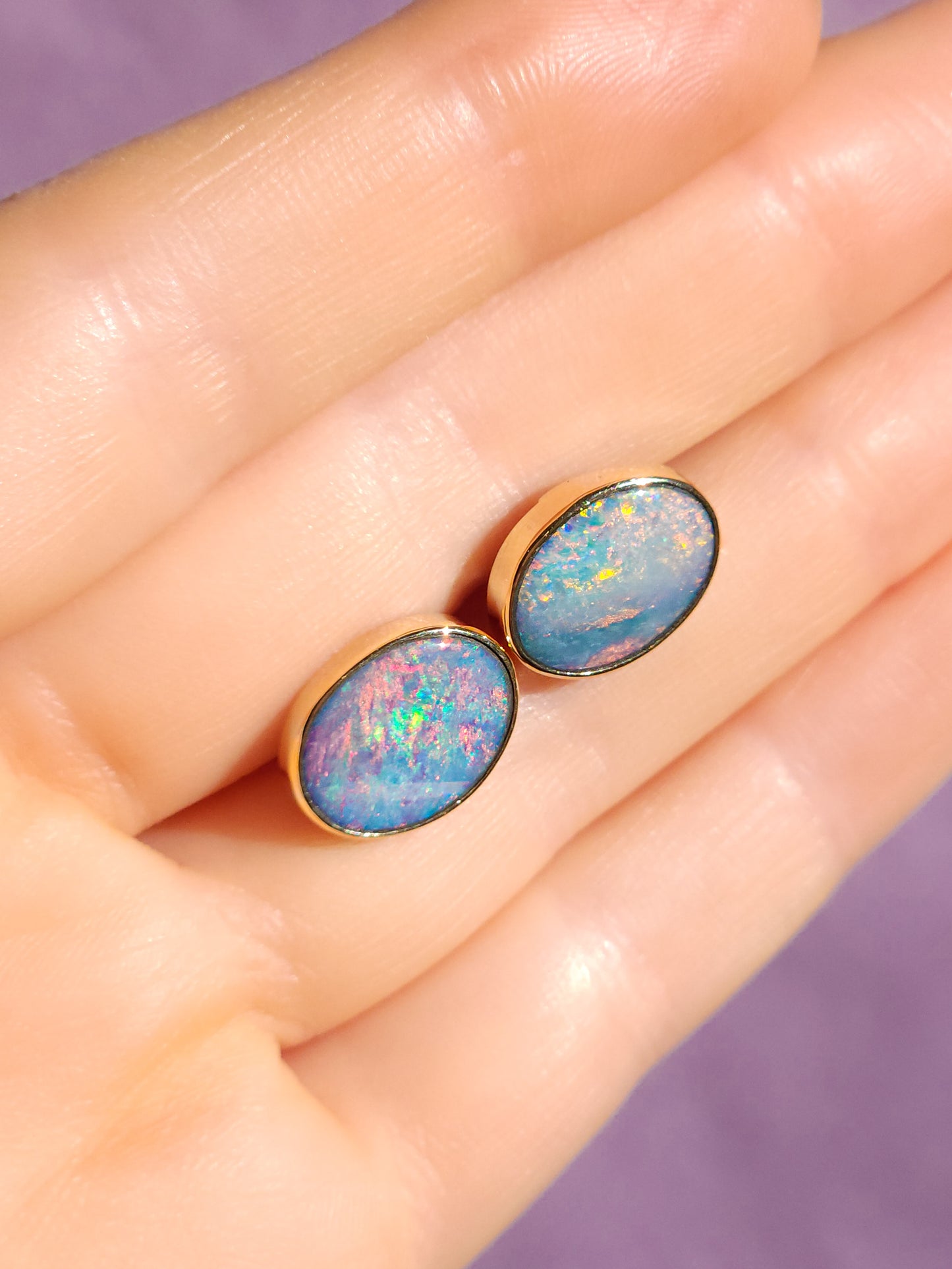 Pink 14K Gold Australian Opal Stud Earrings / Coober Pedy doublet / rainbow opal/ gold studs / screw backs