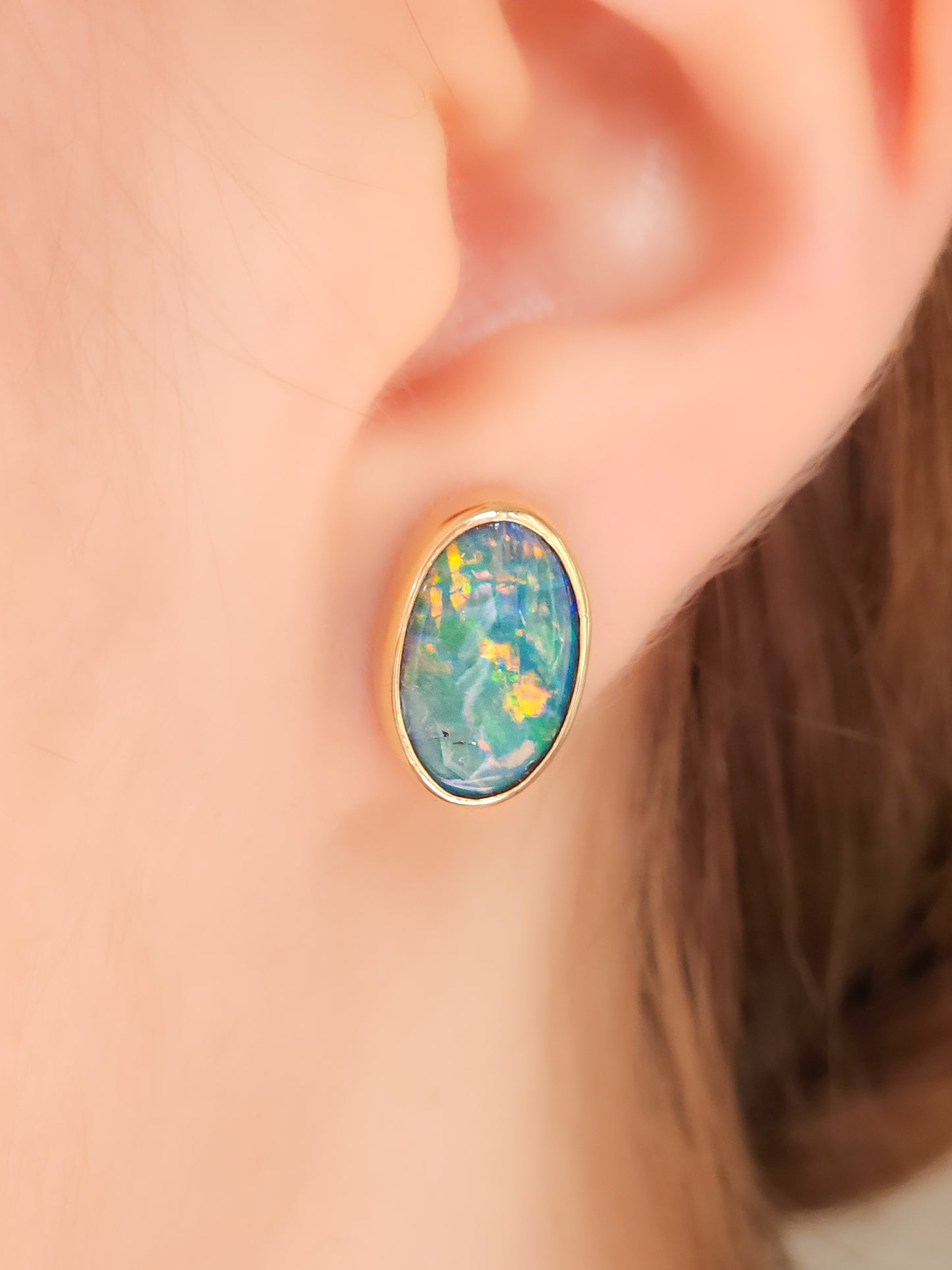 14K Gold Wrapped Australian Opal Stud Earrings, Rare Australian Opal Doublet, Coober Pedy opal / rainbow opal/ gold studs / screw backs