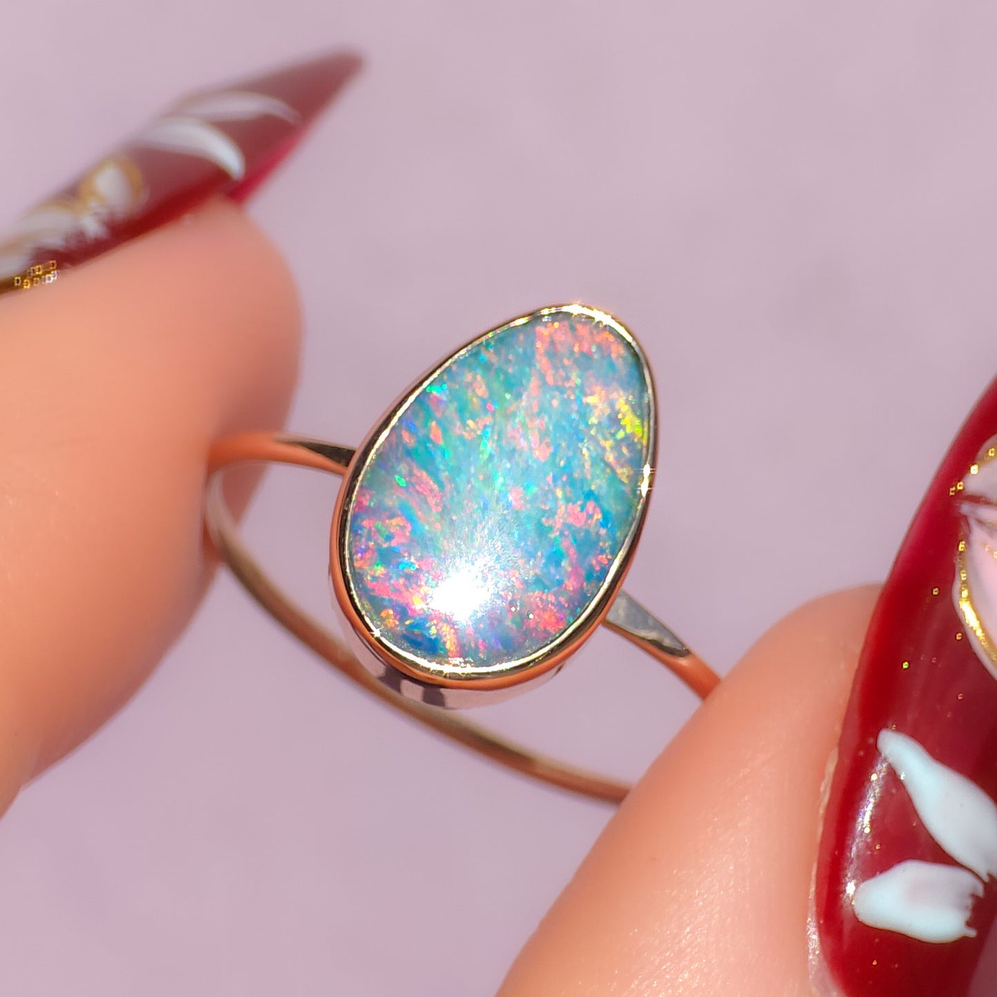 14K Rose Gold Australian opal doublet ring / Free Sizing / Coober Pedy Opal / solid rose gold / Dainty ring / minimalist ring