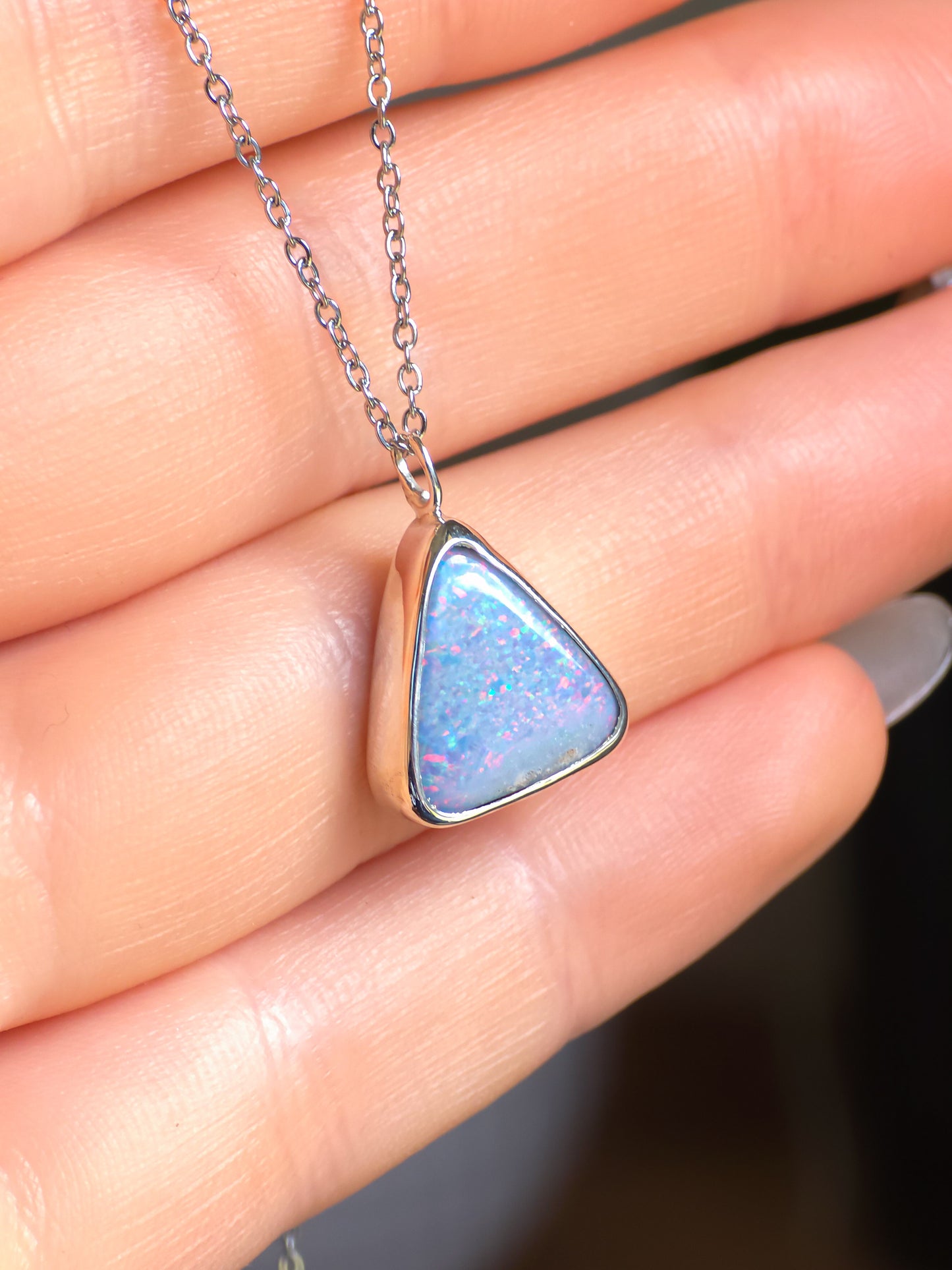 PIXIE | Pink Australian Opal Doublet Pendant / Coober Pedy opal necklace / statement jewelry / Triangle Pendant