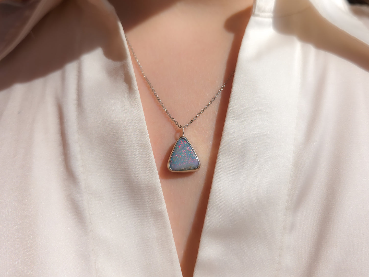 PIXIE | Pink Australian Opal Doublet Pendant / Coober Pedy opal necklace / statement jewelry / Triangle Pendant